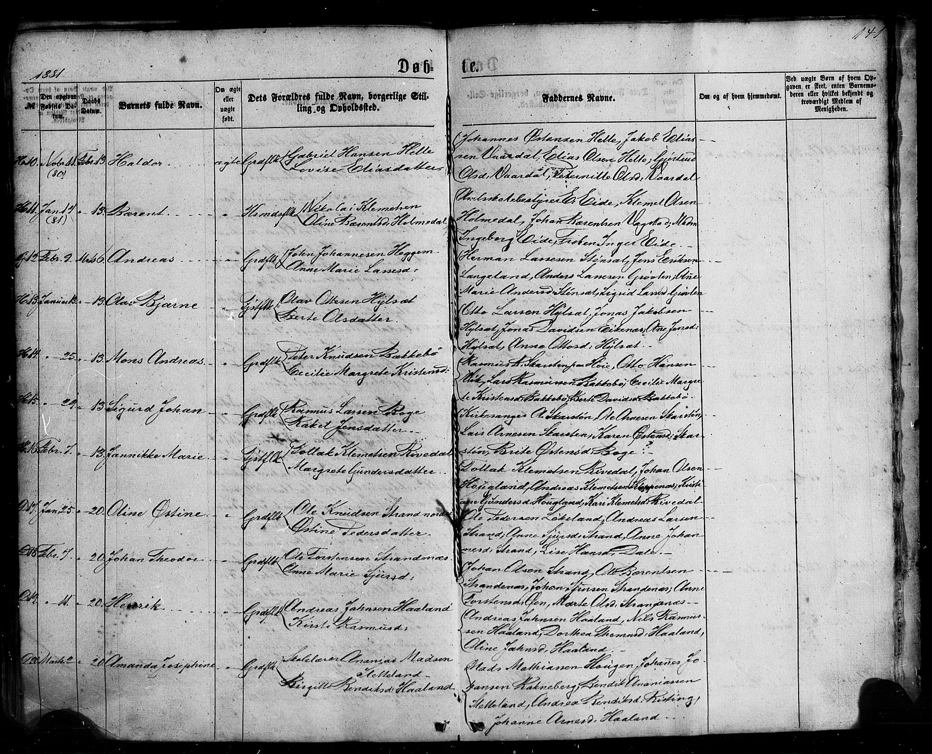 Fjaler sokneprestembete, AV/SAB-A-79801/H/Haa/Haaa/L0007: Parish register (official) no. A 7, 1862-1881, p. 141