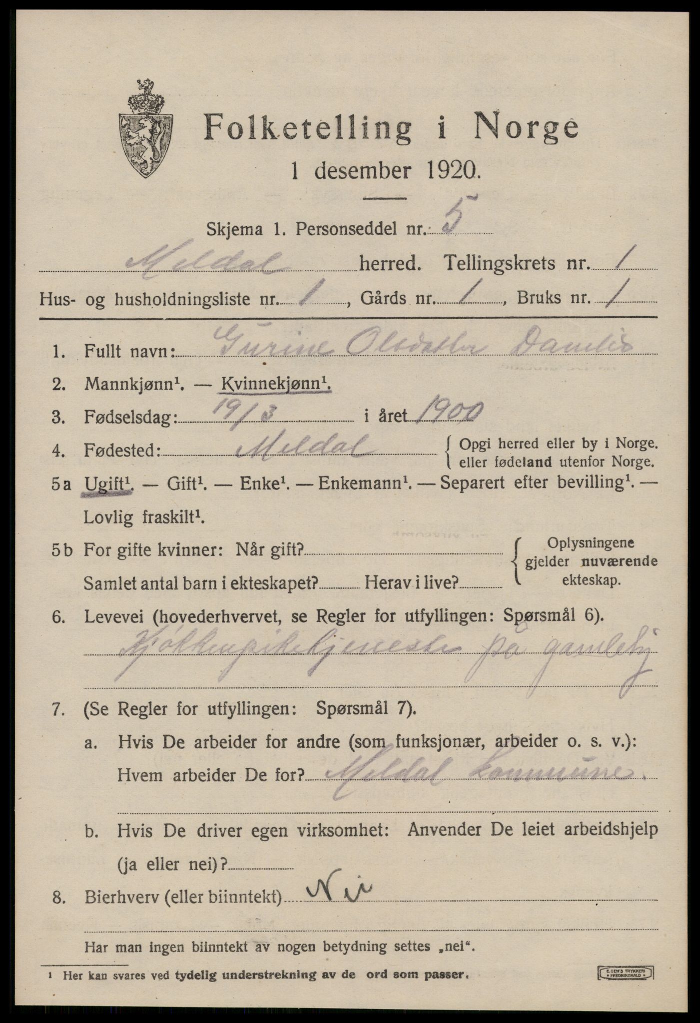 SAT, 1920 census for Meldal, 1920, p. 1811