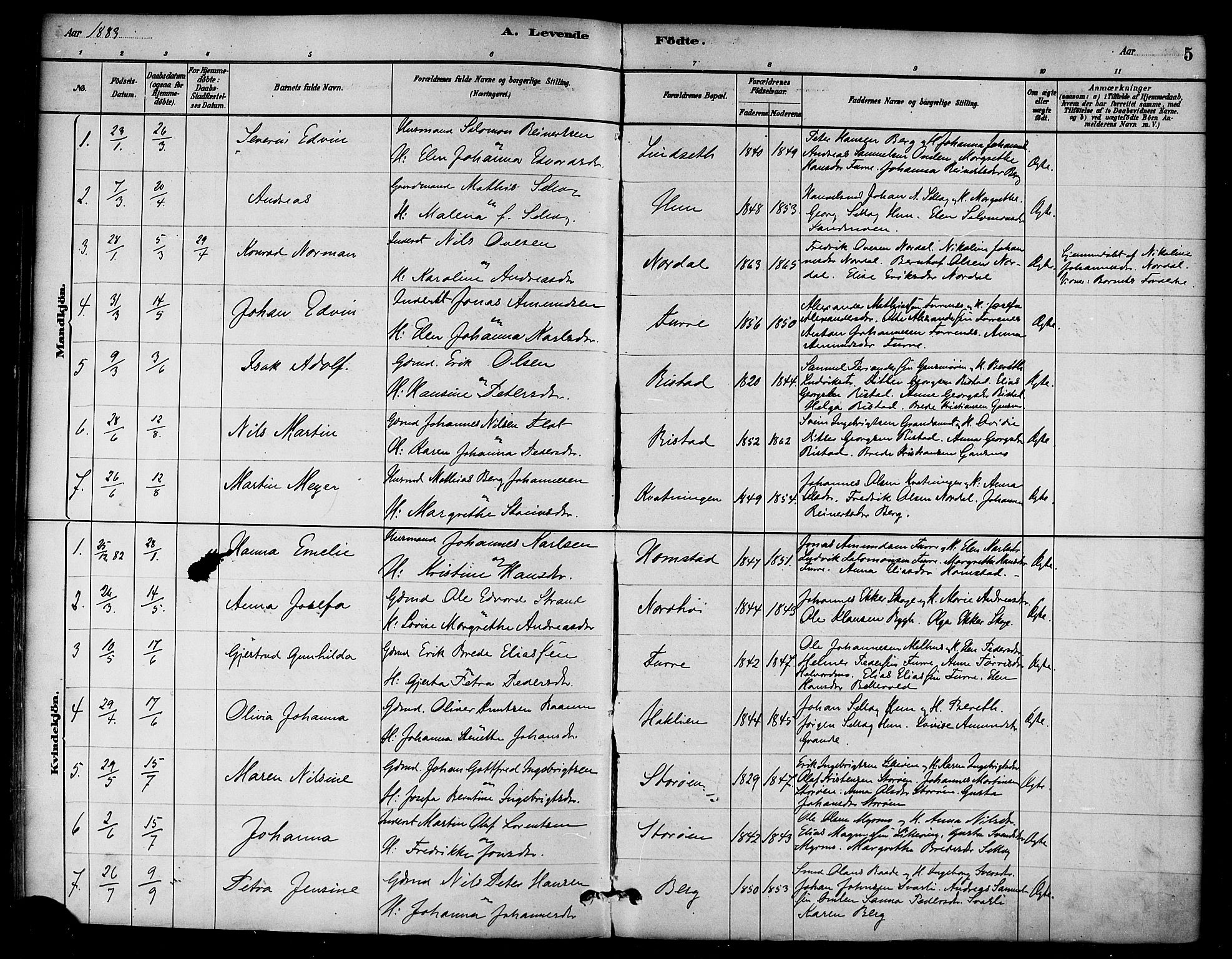 Ministerialprotokoller, klokkerbøker og fødselsregistre - Nord-Trøndelag, SAT/A-1458/766/L0563: Parish register (official) no. 767A01, 1881-1899, p. 5
