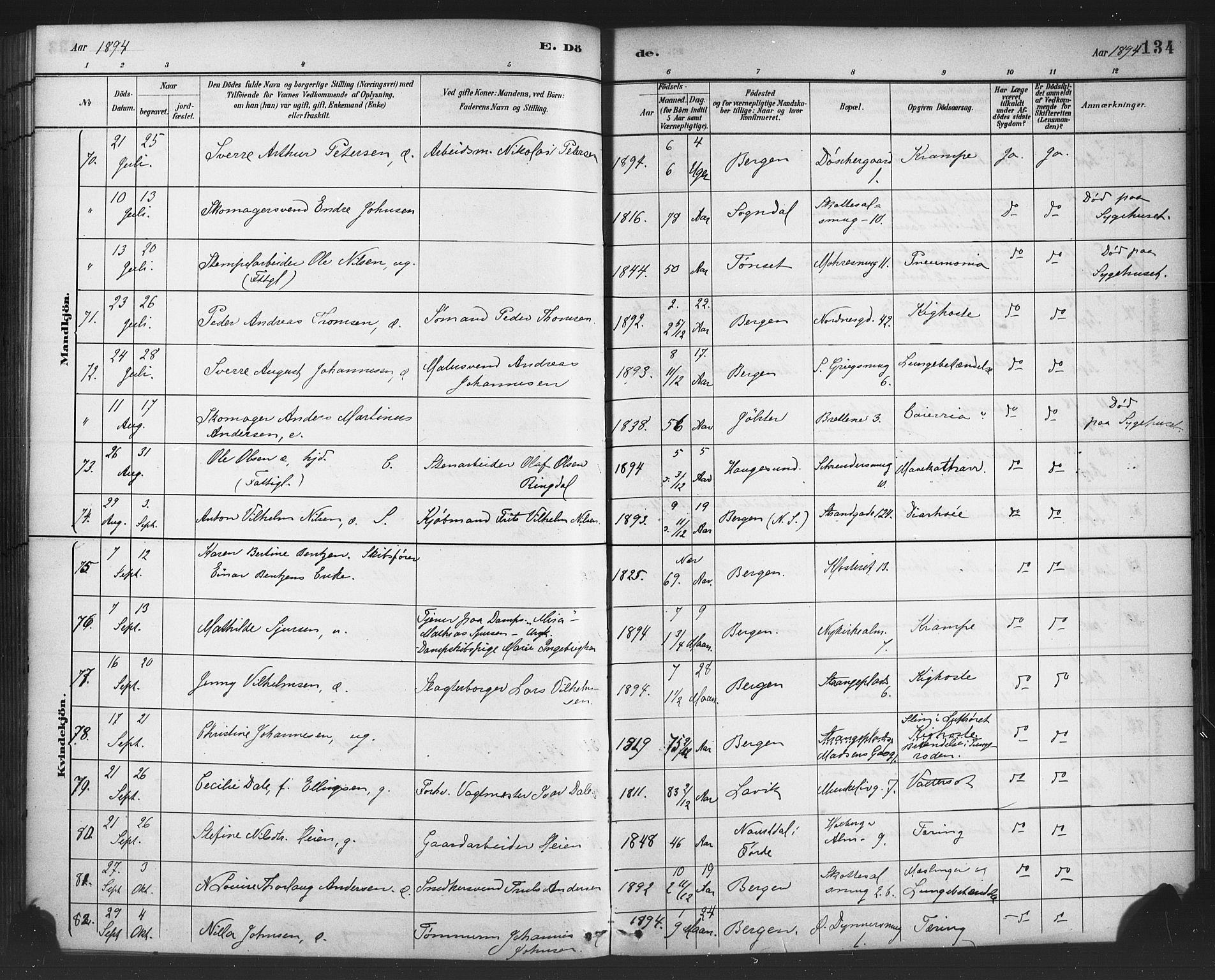 Nykirken Sokneprestembete, AV/SAB-A-77101/H/Haa/L0044: Parish register (official) no. E 4, 1882-1898, p. 134