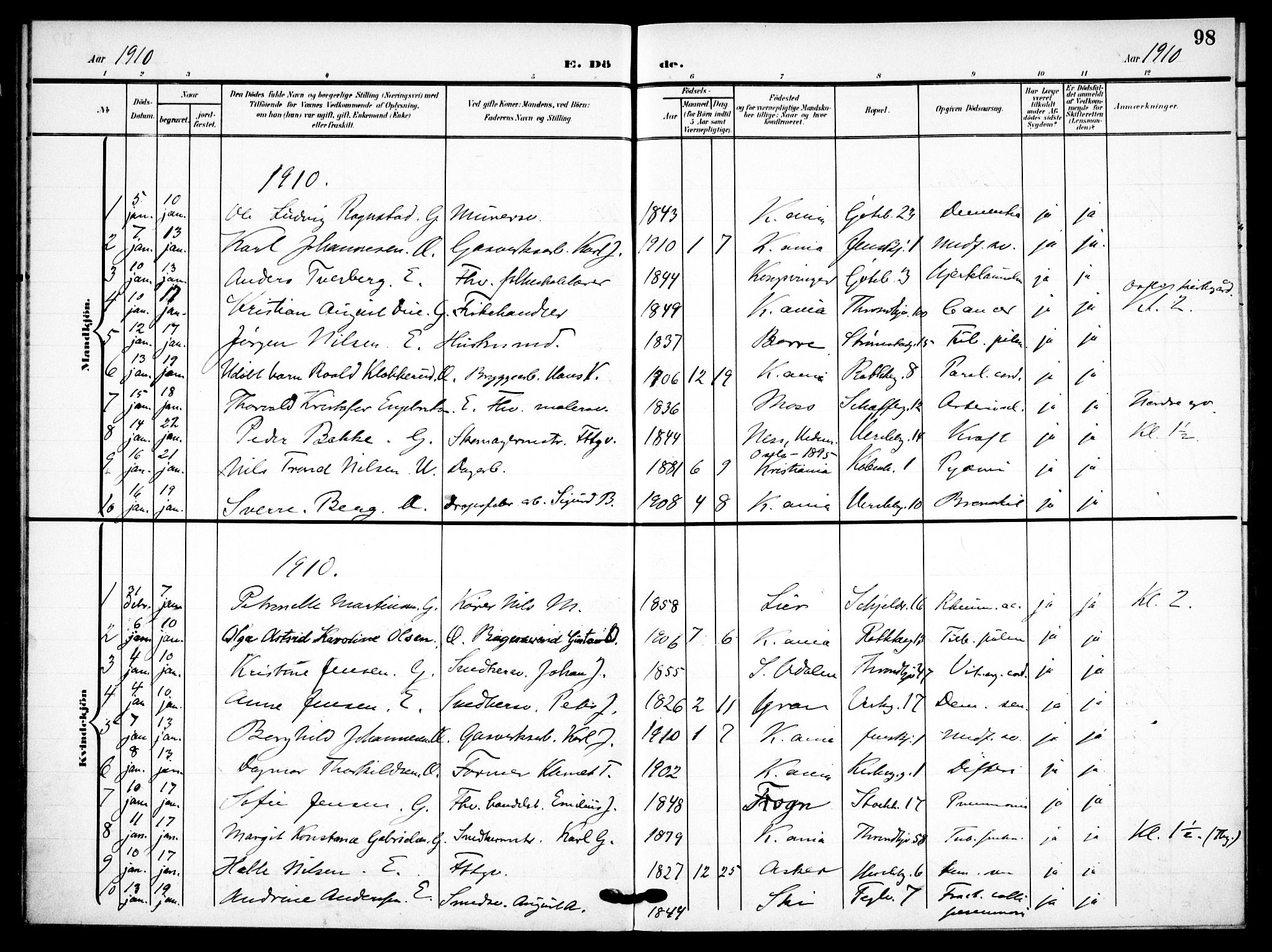 Petrus prestekontor Kirkebøker, SAO/A-10872/F/Fa/L0010: Parish register (official) no. 10, 1904-1916, p. 98