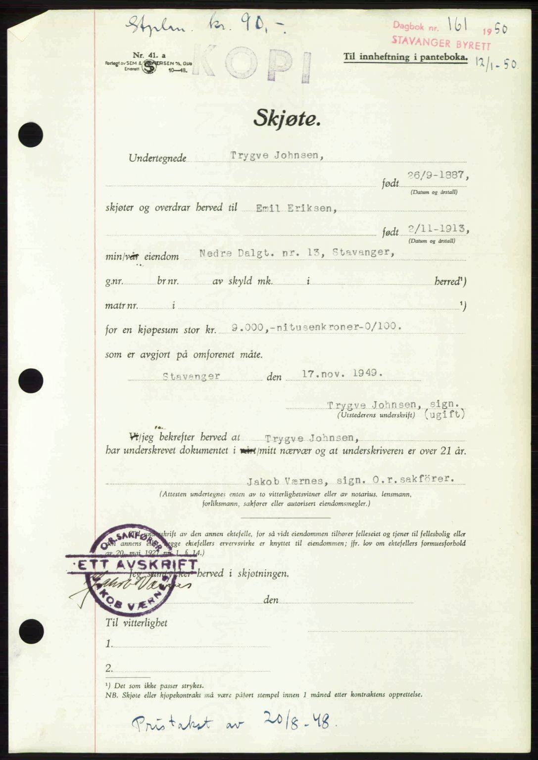 Stavanger byrett, SAST/A-100455/002/G/Gb/L0024: Mortgage book no. A13, 1949-1950, Diary no: : 161/1950