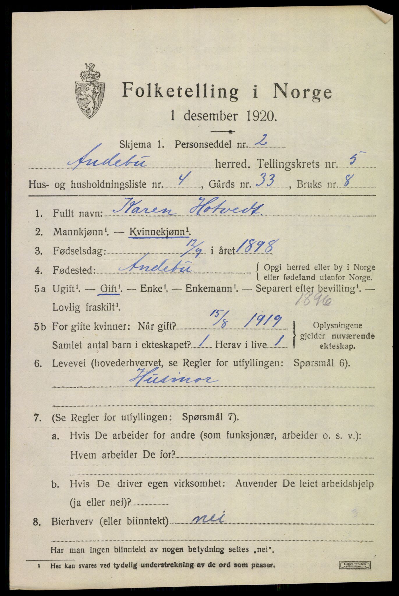 SAKO, 1920 census for Andebu, 1920, p. 2678