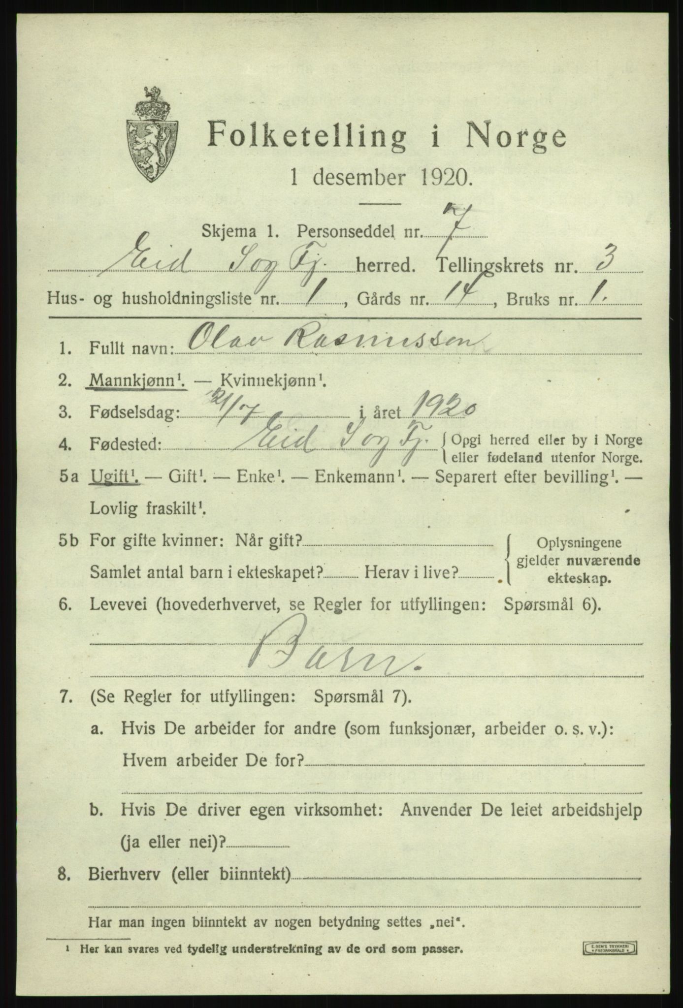 SAB, 1920 census for Eid, 1920, p. 2010