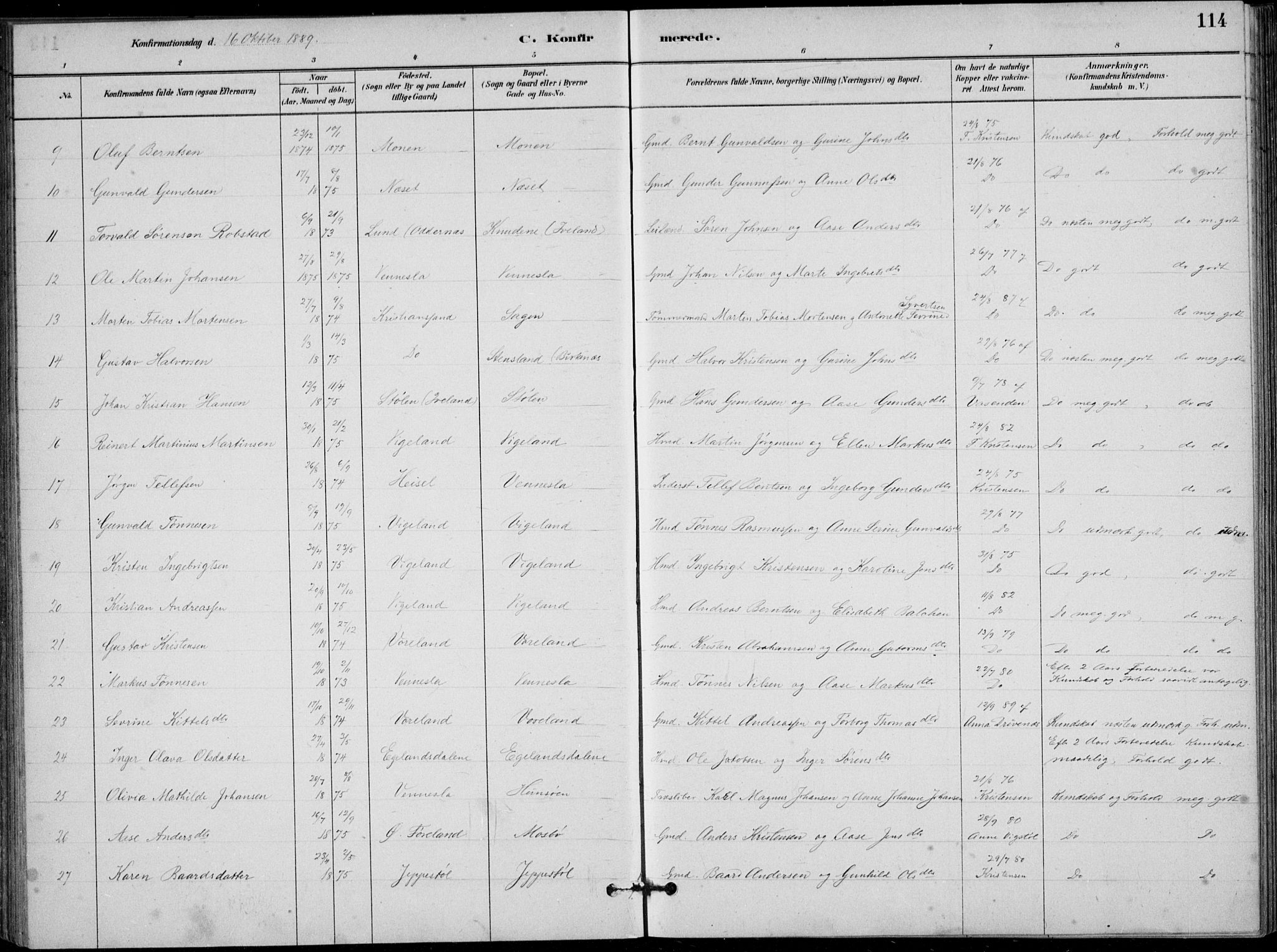 Vennesla sokneprestkontor, SAK/1111-0045/Fb/Fbb/L0003: Parish register (copy) no. B 3, 1879-1893, p. 114