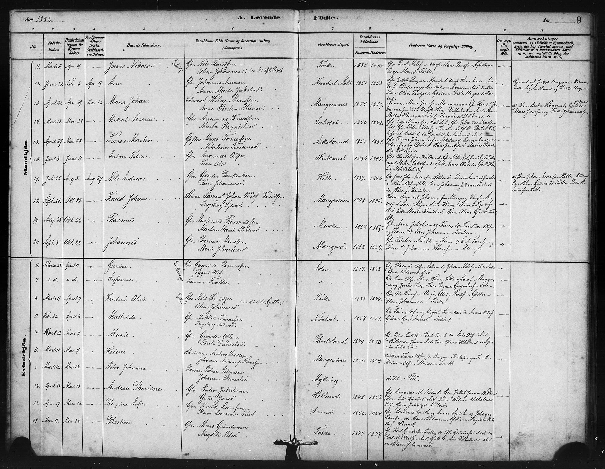 Manger sokneprestembete, SAB/A-76801/H/Haa: Parish register (official) no. B 1, 1881-1892, p. 9