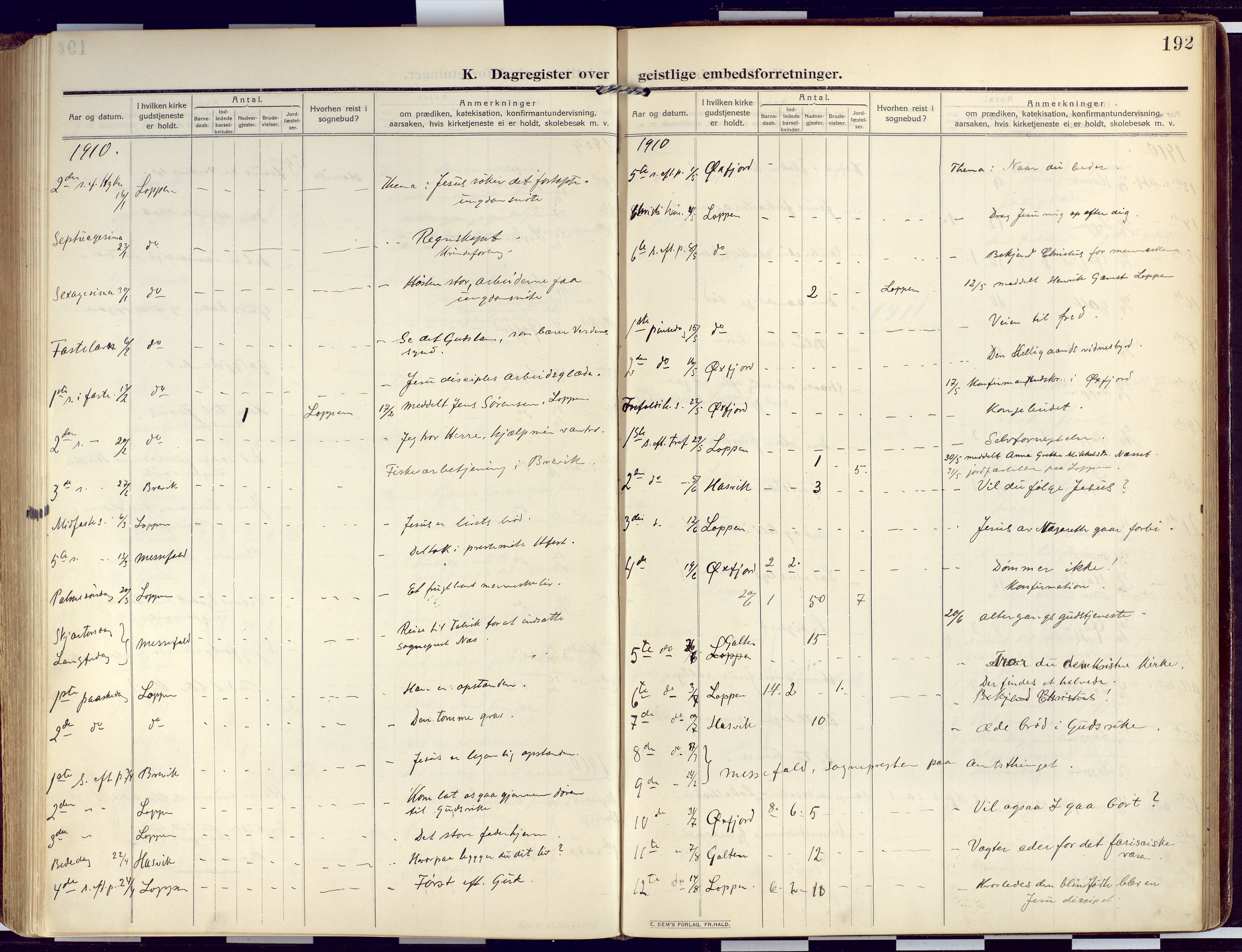Loppa sokneprestkontor, SATØ/S-1339/H/Ha/L0011kirke: Parish register (official) no. 11, 1909-1919, p. 192