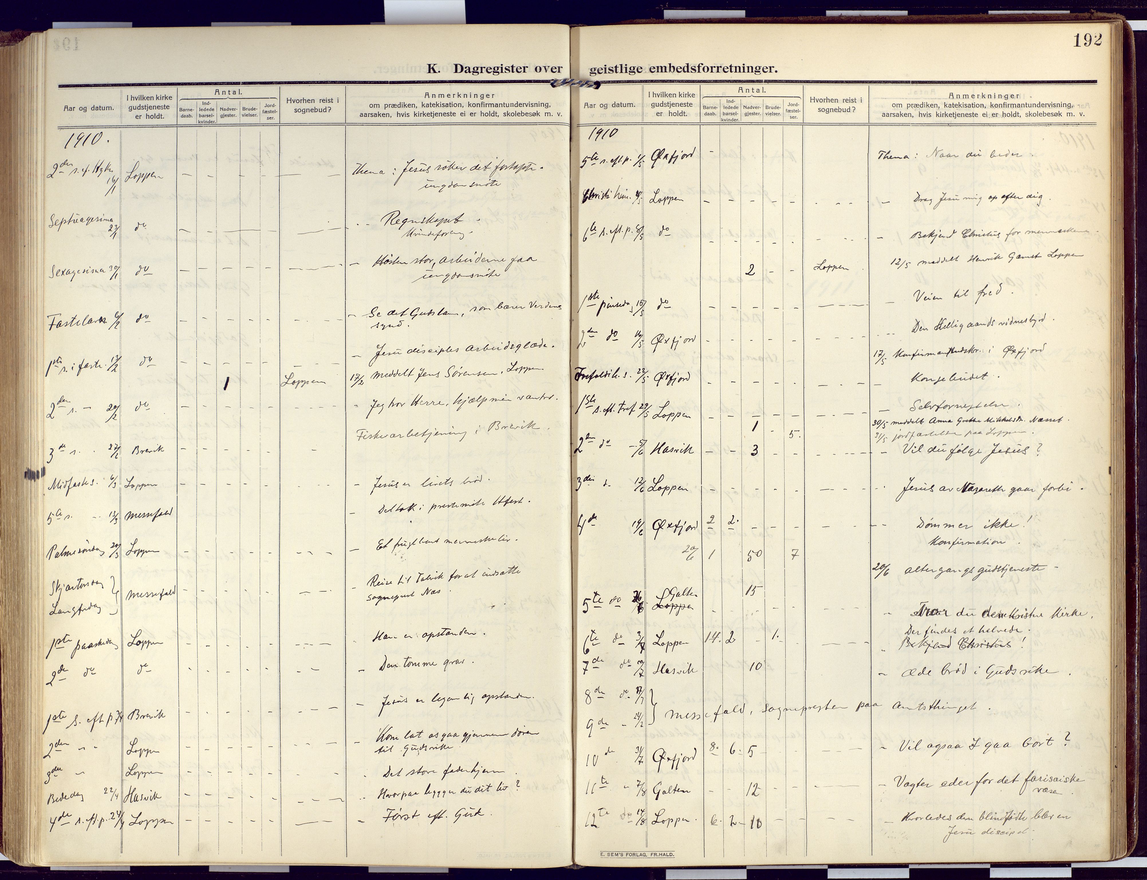 Loppa sokneprestkontor, AV/SATØ-S-1339/H/Ha/L0011kirke: Parish register (official) no. 11, 1909-1919, p. 192