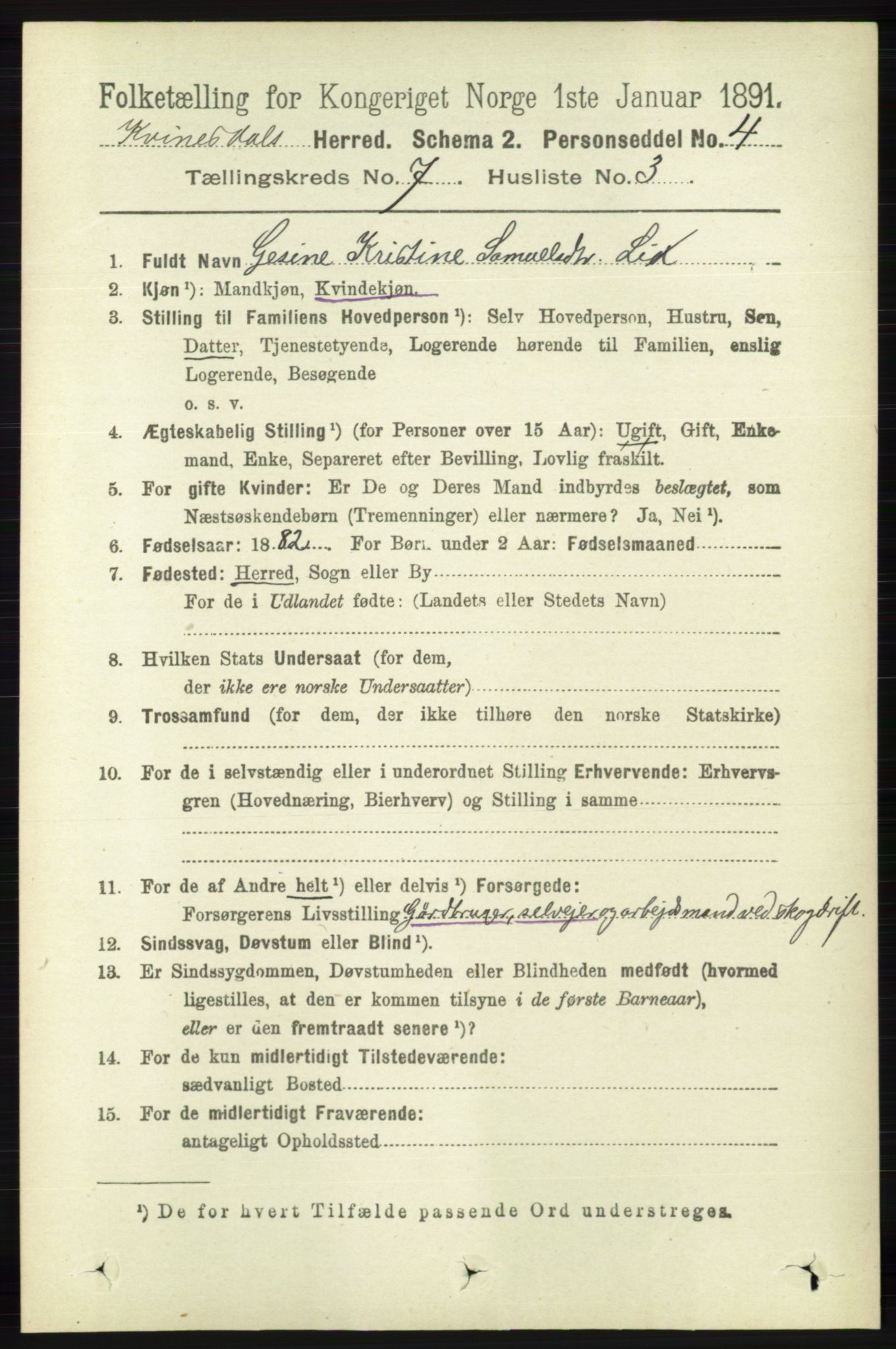 RA, 1891 census for 1037 Kvinesdal, 1891, p. 2438