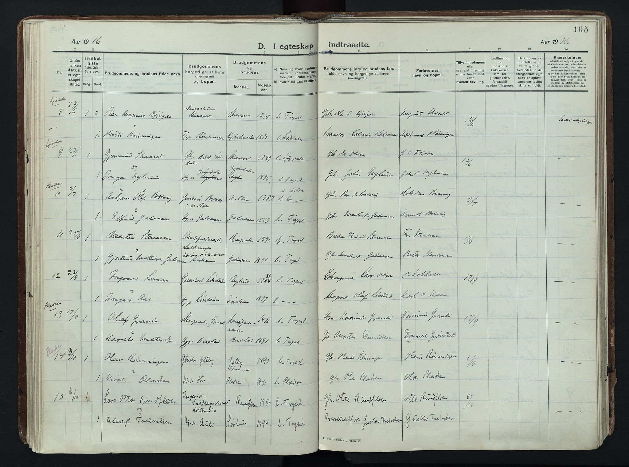 Trysil prestekontor, SAH/PREST-046/H/Ha/Haa/L0014: Parish register (official) no. 14, 1912-1923, p. 105