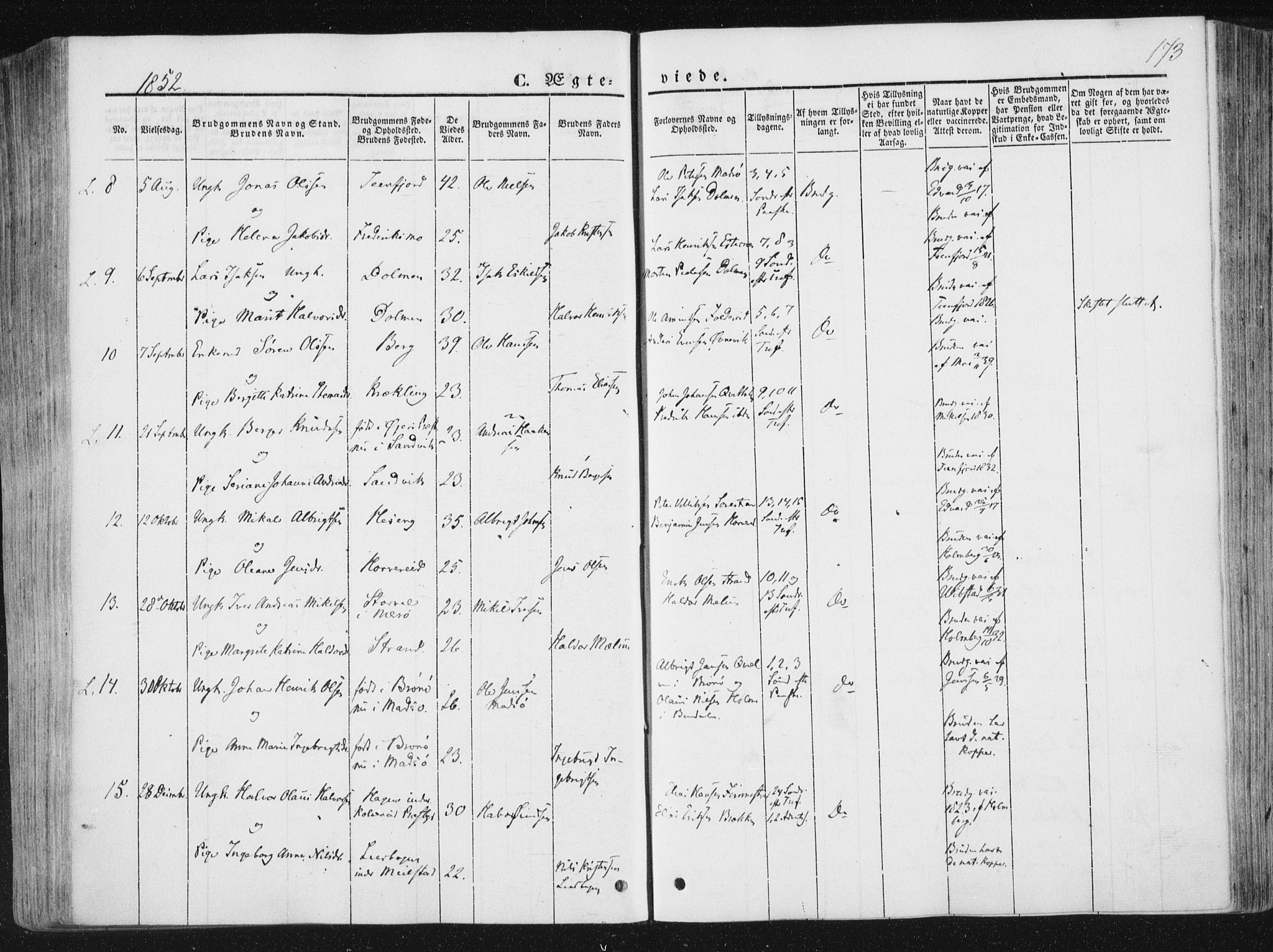 Ministerialprotokoller, klokkerbøker og fødselsregistre - Nord-Trøndelag, AV/SAT-A-1458/780/L0640: Parish register (official) no. 780A05, 1845-1856, p. 173