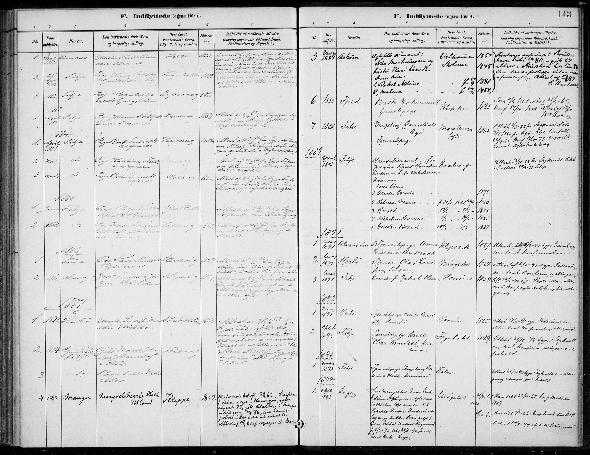 Sund sokneprestembete, SAB/A-99930: Parish register (official) no. D 1, 1882-1899, p. 143