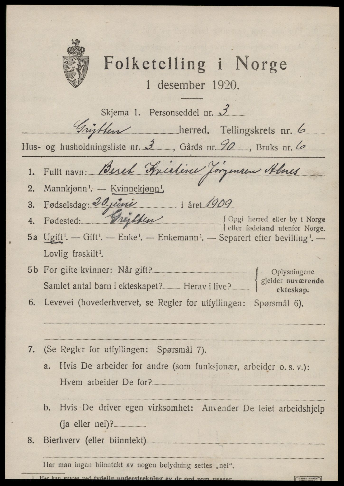 SAT, 1920 census for Grytten, 1920, p. 4166