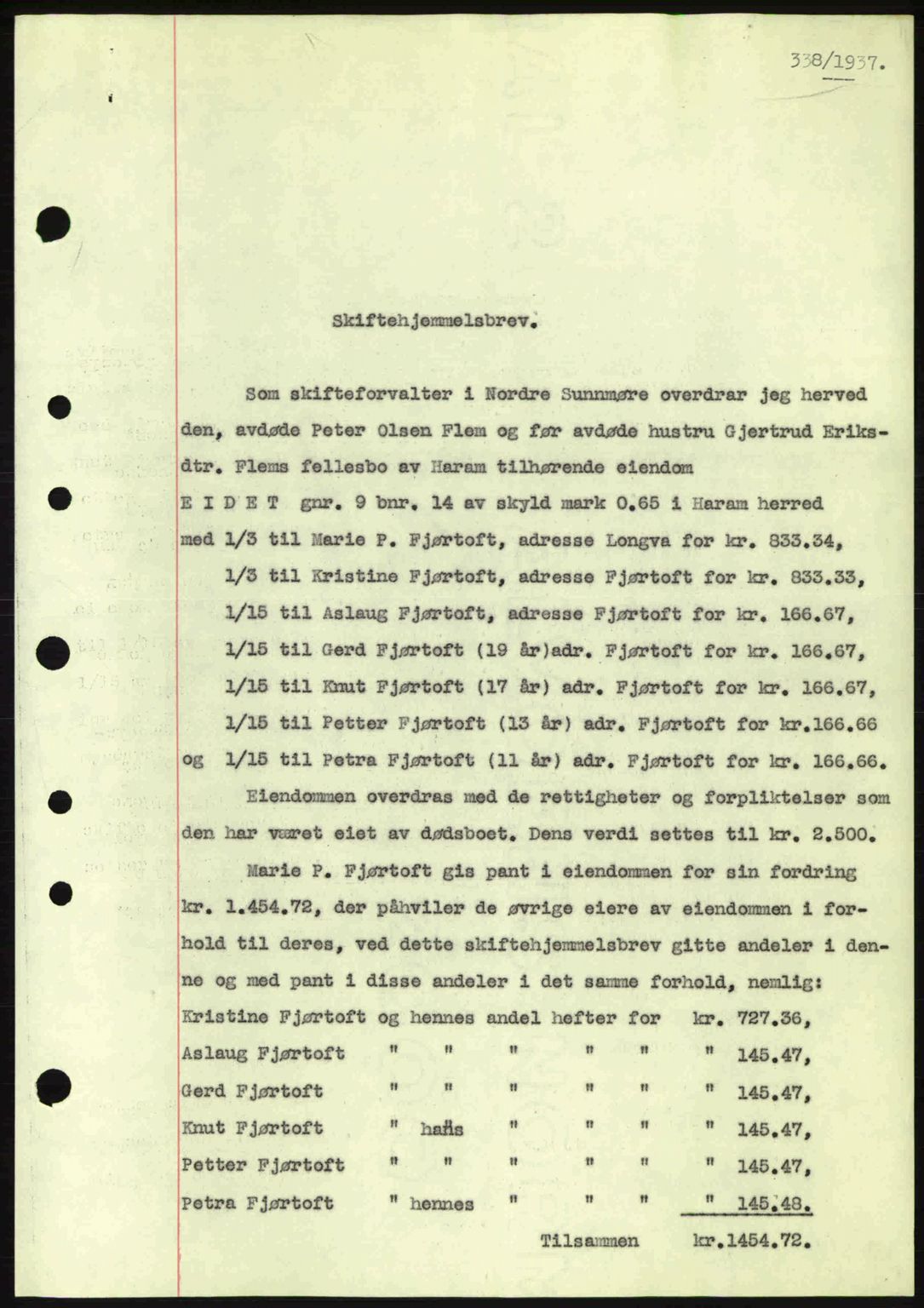 Nordre Sunnmøre sorenskriveri, AV/SAT-A-0006/1/2/2C/2Ca: Mortgage book no. A2, 1936-1937, Diary no: : 338/1937