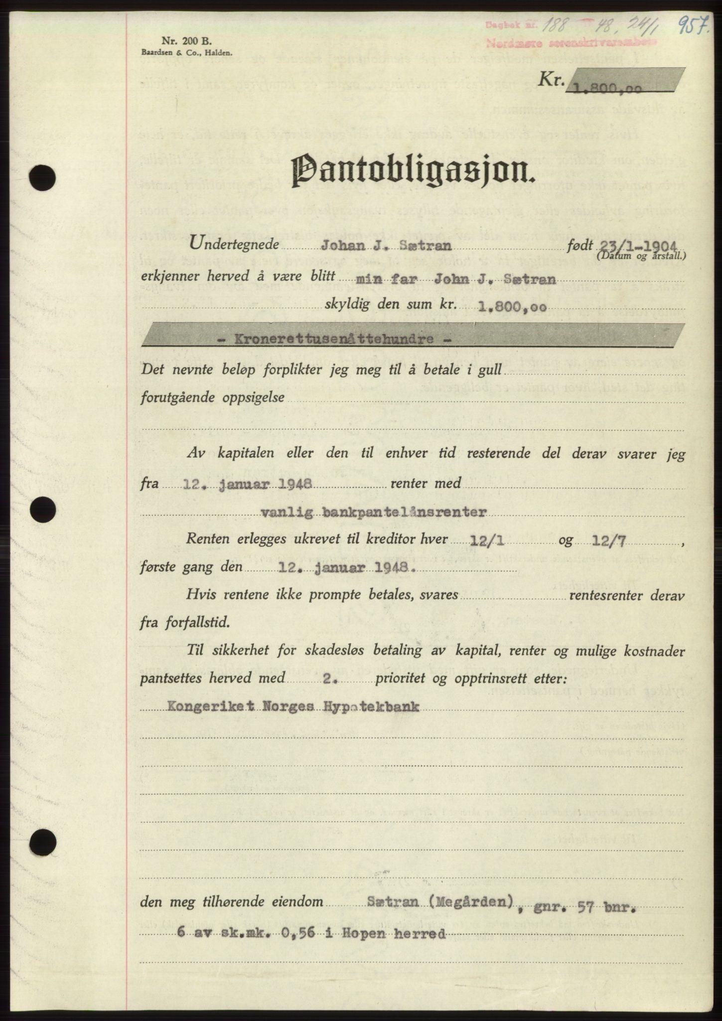 Nordmøre sorenskriveri, AV/SAT-A-4132/1/2/2Ca: Mortgage book no. B97, 1947-1948, Diary no: : 188/1948