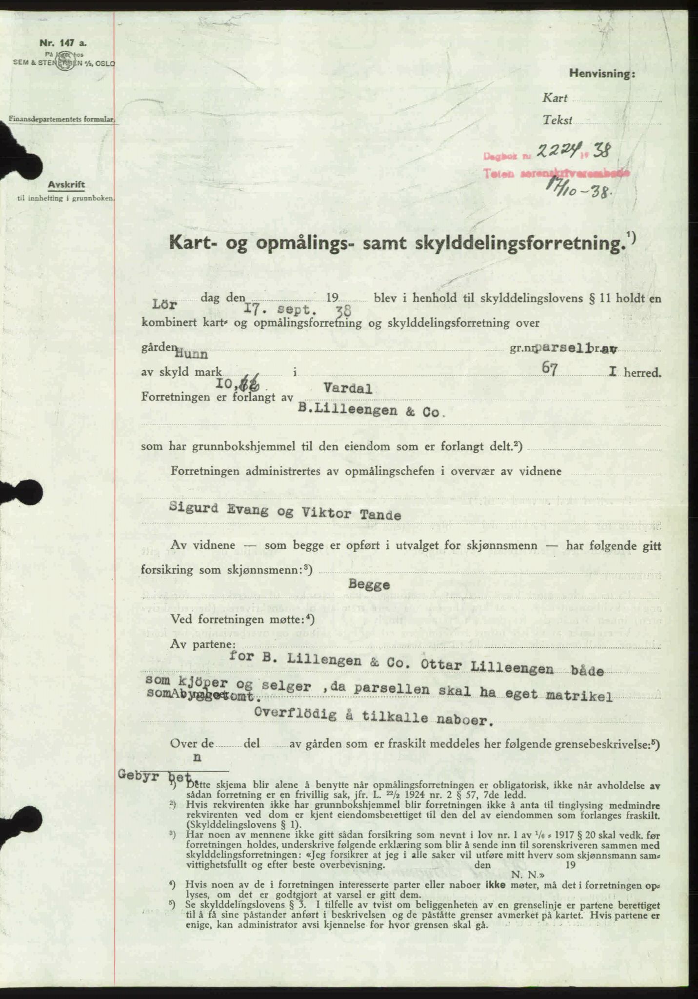 Toten tingrett, SAH/TING-006/H/Hb/Hbc/L0004: Mortgage book no. Hbc-04, 1938-1938, Diary no: : 2224/1938