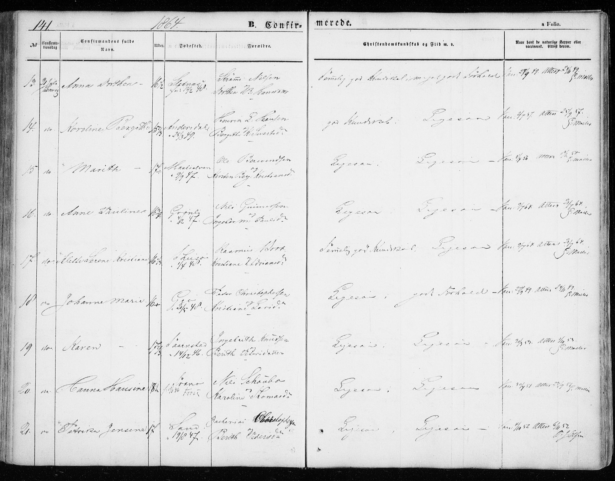 Lenvik sokneprestembete, SATØ/S-1310/H/Ha/Haa/L0007kirke: Parish register (official) no. 7, 1855-1865, p. 141
