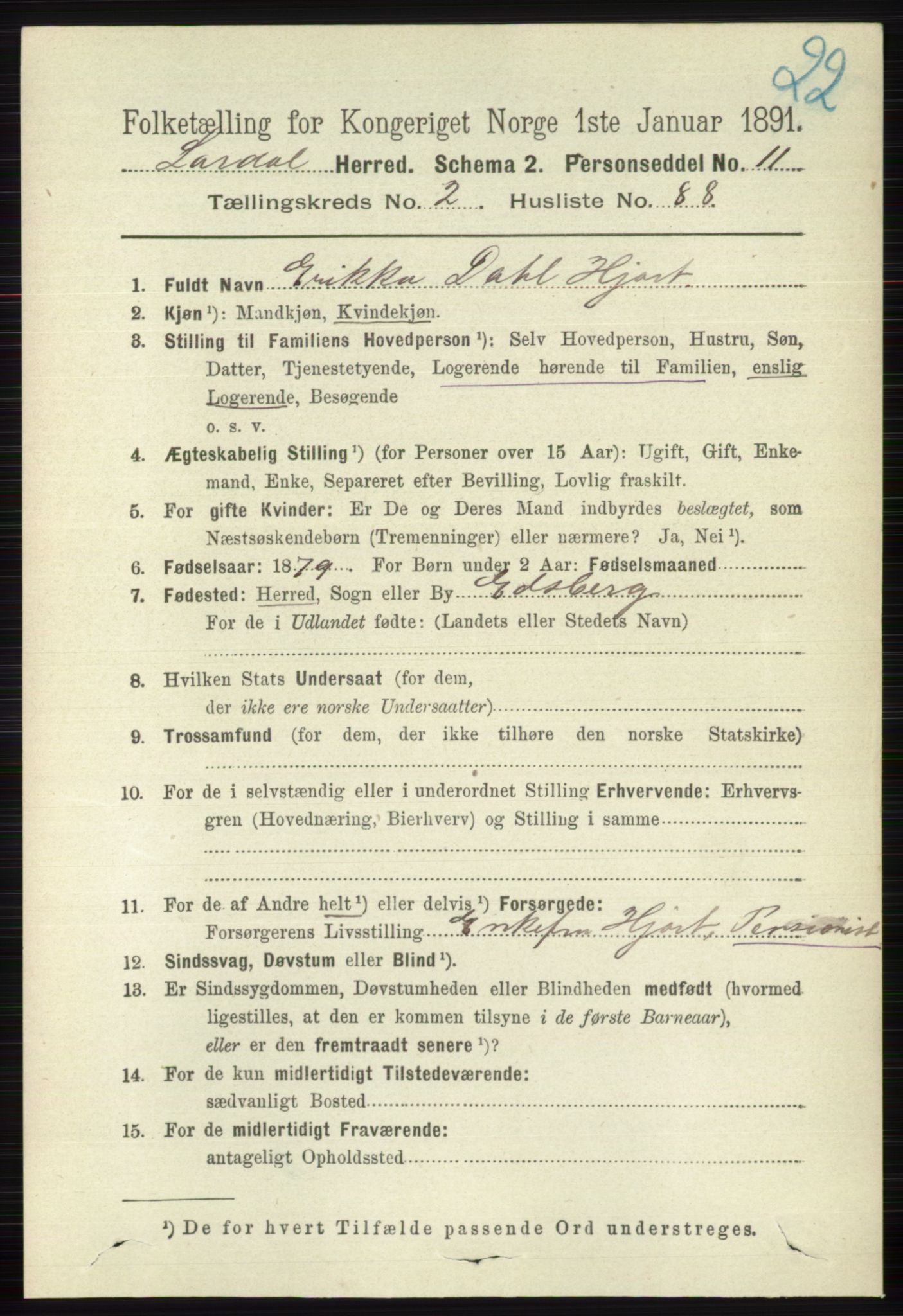 RA, 1891 census for 0728 Lardal, 1891, p. 1222