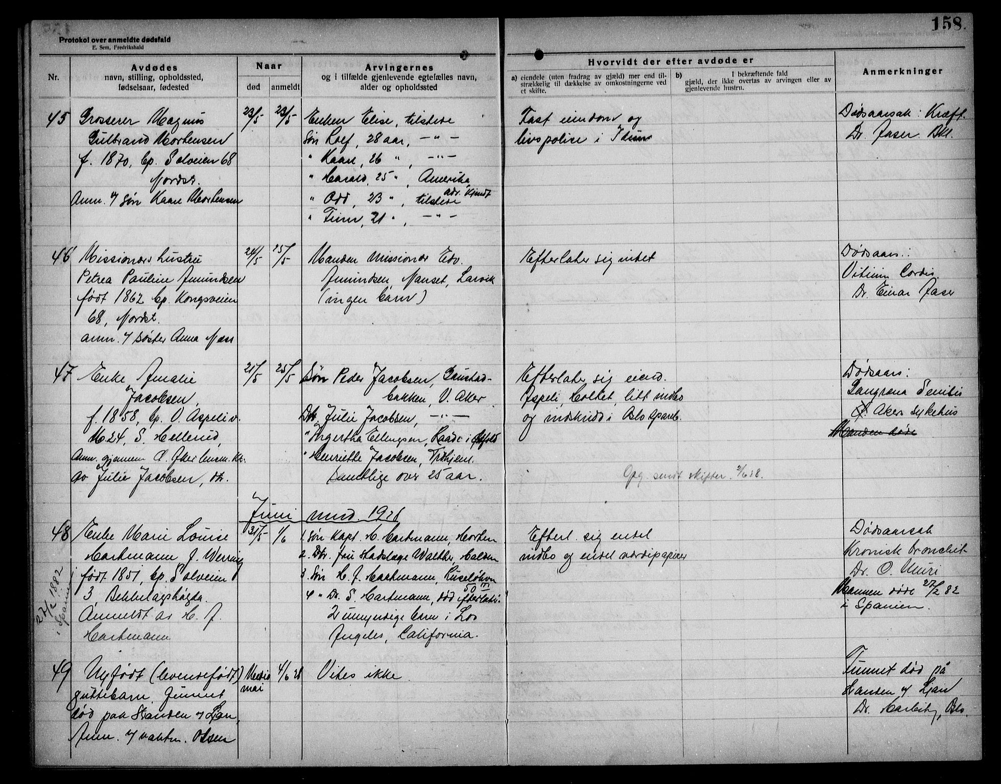 Aker kriminaldommer, skifte- og auksjonsforvalterembete, AV/SAO-A-10452/H/Hb/Hba/Hbad/L0001: Dødsfallsprotokoll for Nordstrand, 1922-1929, p. 158