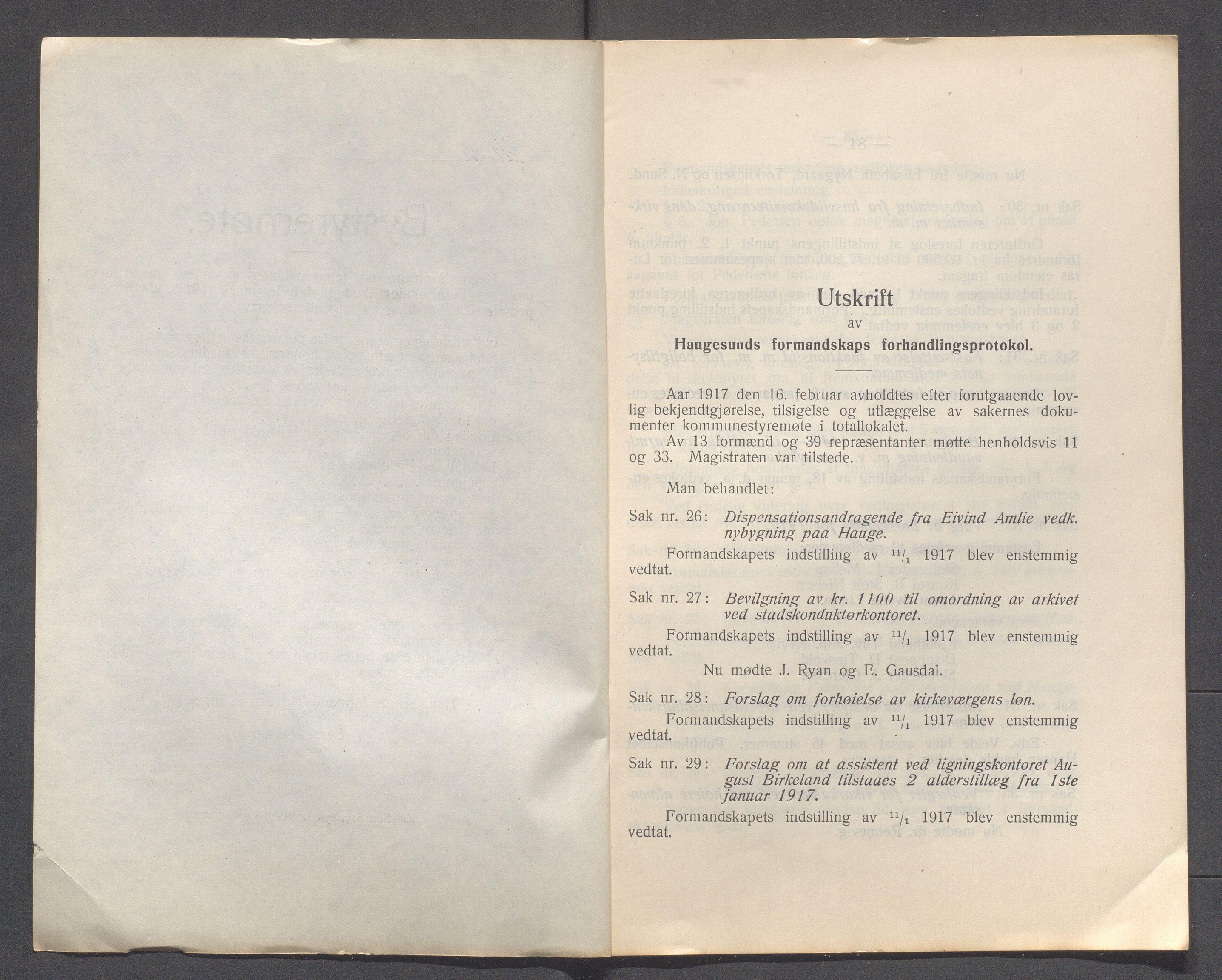 Haugesund kommune - Formannskapet og Bystyret, IKAR/A-740/A/Abb/L0002: Bystyreforhandlinger, 1908-1917, p. 611