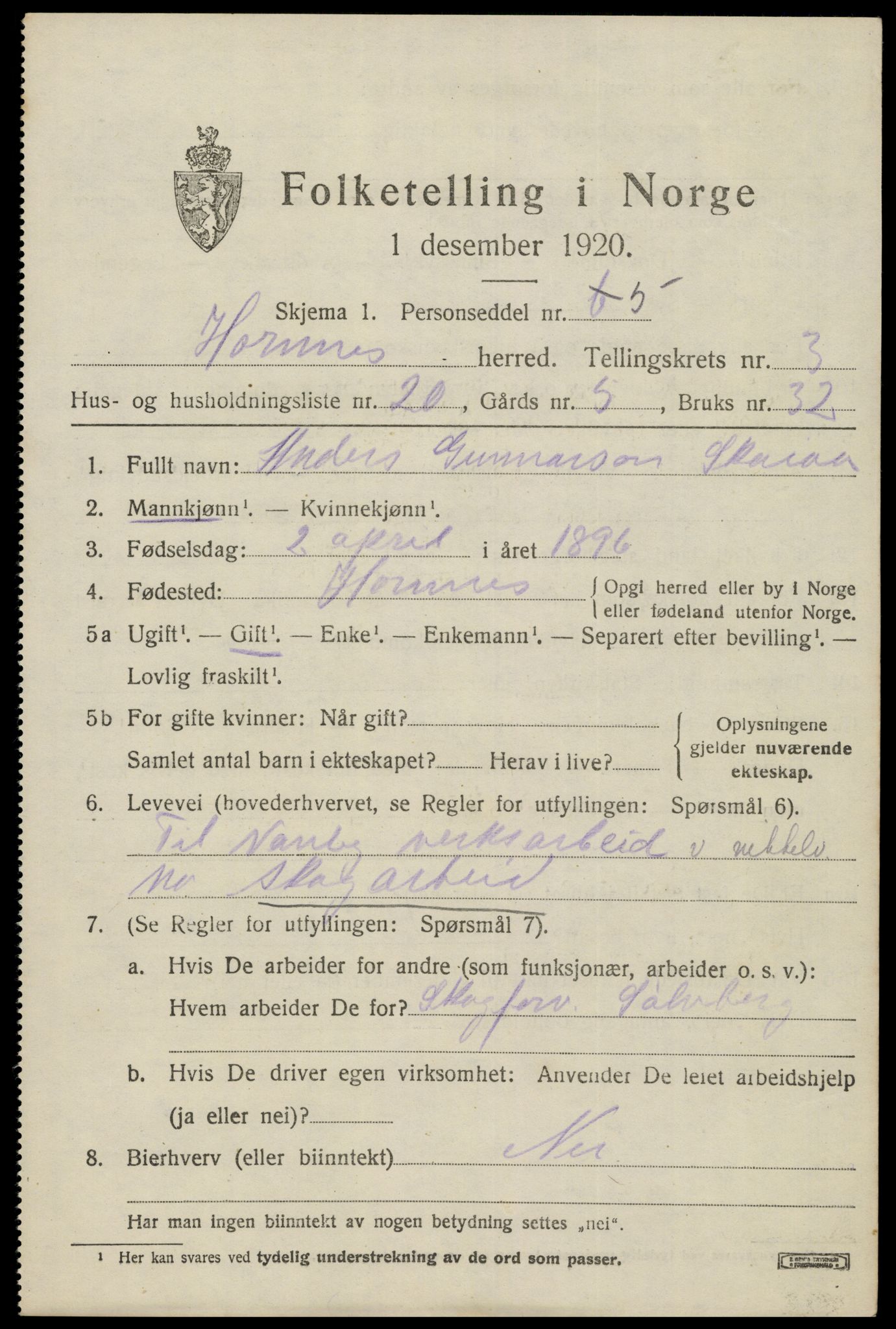 SAK, 1920 census for Hornnes, 1920, p. 1045