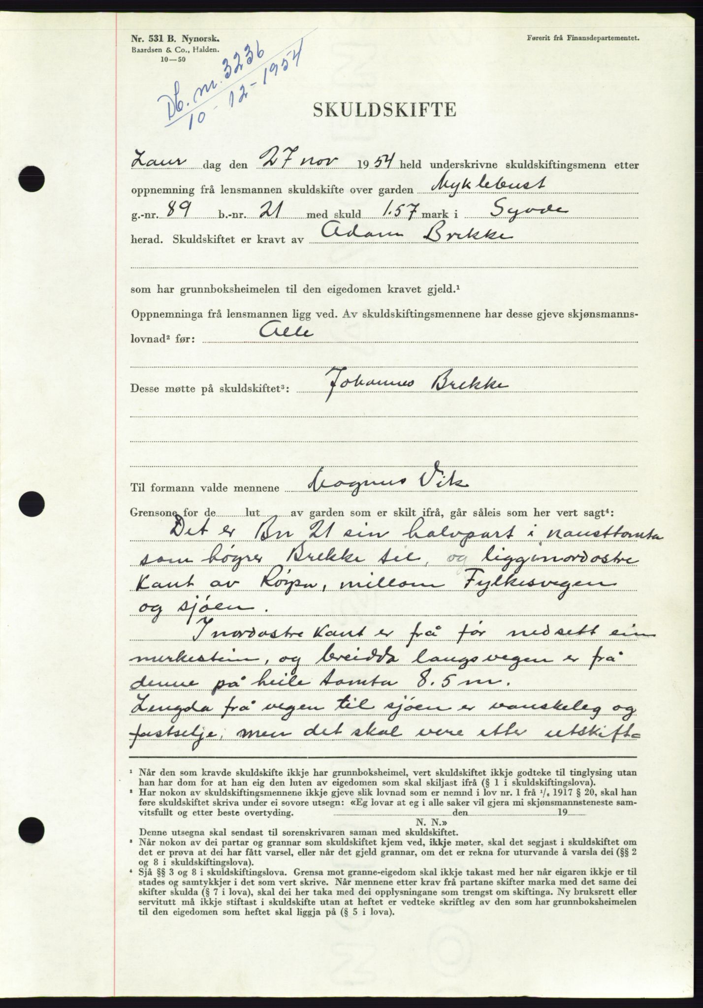 Søre Sunnmøre sorenskriveri, AV/SAT-A-4122/1/2/2C/L0099: Mortgage book no. 25A, 1954-1954, Diary no: : 3236/1954