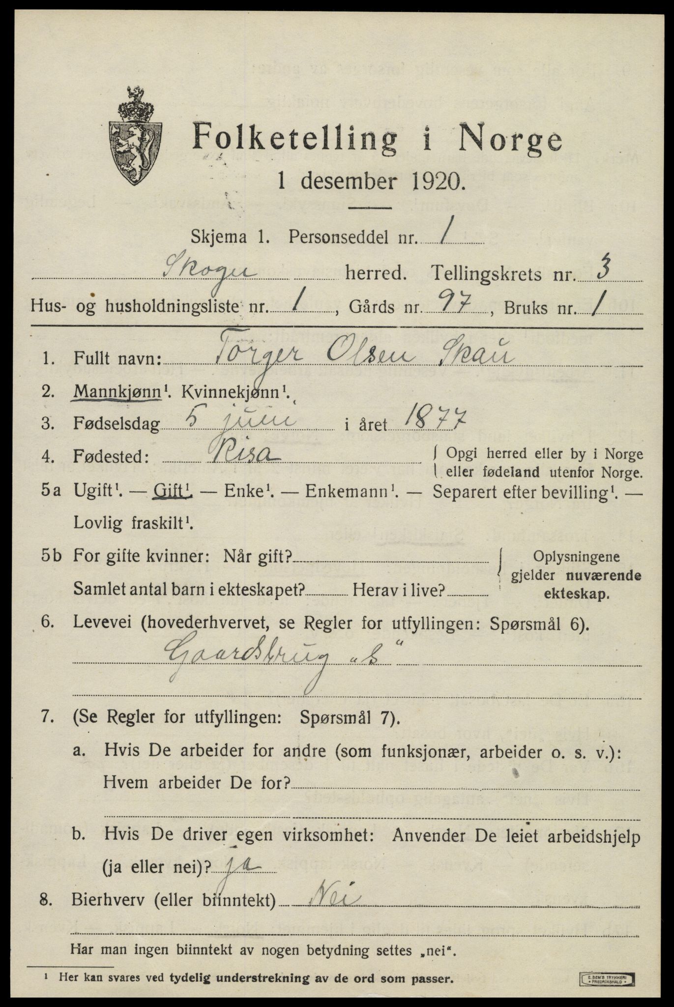 SAT, 1920 census for Skogn, 1920, p. 4595