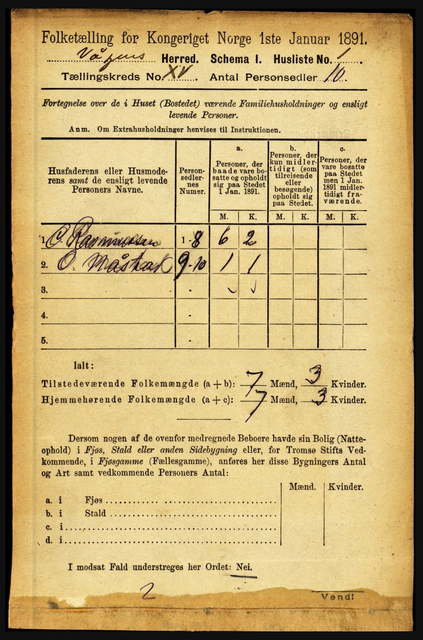 RA, 1891 census for 1865 Vågan, 1891, p. 4026