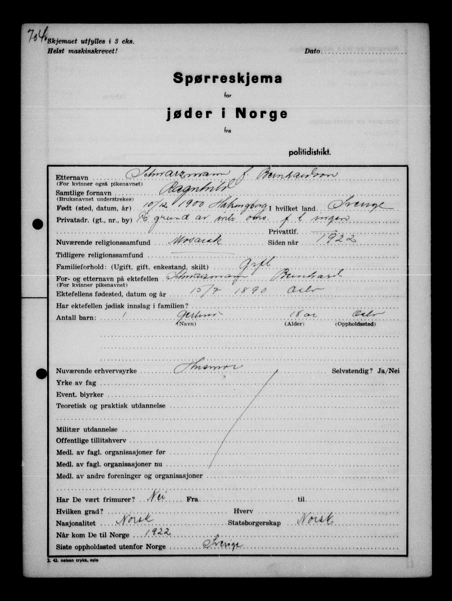 Statspolitiet - Hovedkontoret / Osloavdelingen, AV/RA-S-1329/G/Ga/L0011: Spørreskjema for jøder i Norge. 1: Oslo 610-806 (Plavnik-Zwillinger). 2: Aker 1-113 (Adler-Lewin). , 1942, p. 281