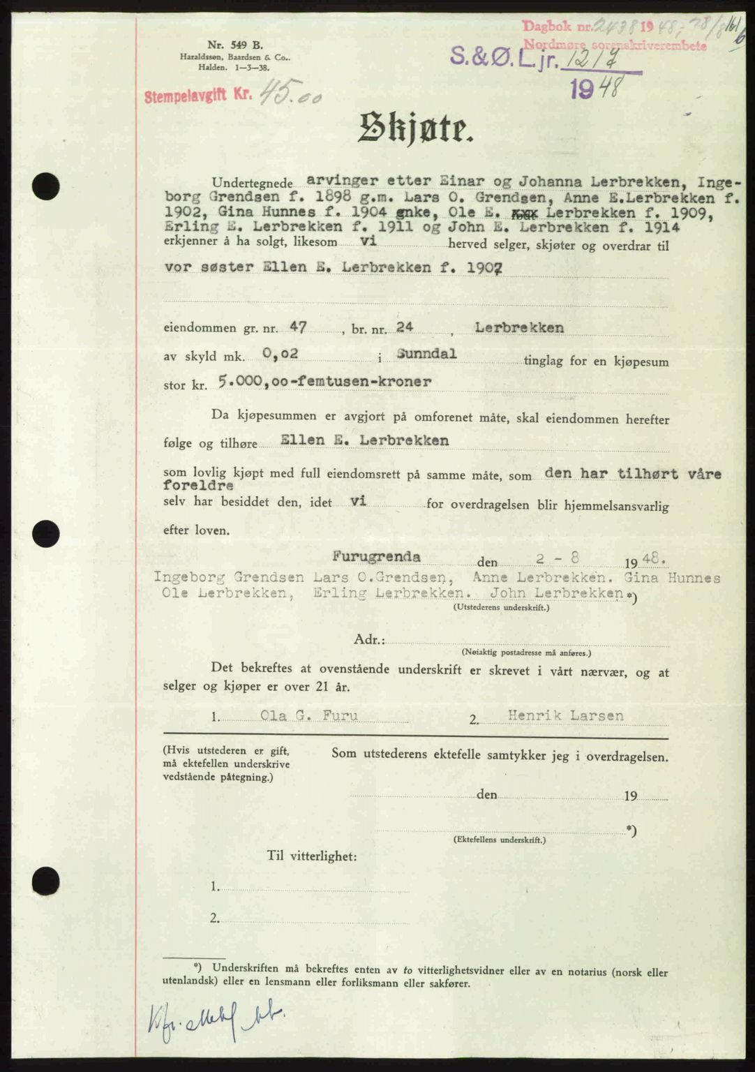 Nordmøre sorenskriveri, AV/SAT-A-4132/1/2/2Ca: Mortgage book no. A109, 1948-1948, Diary no: : 2438/1948