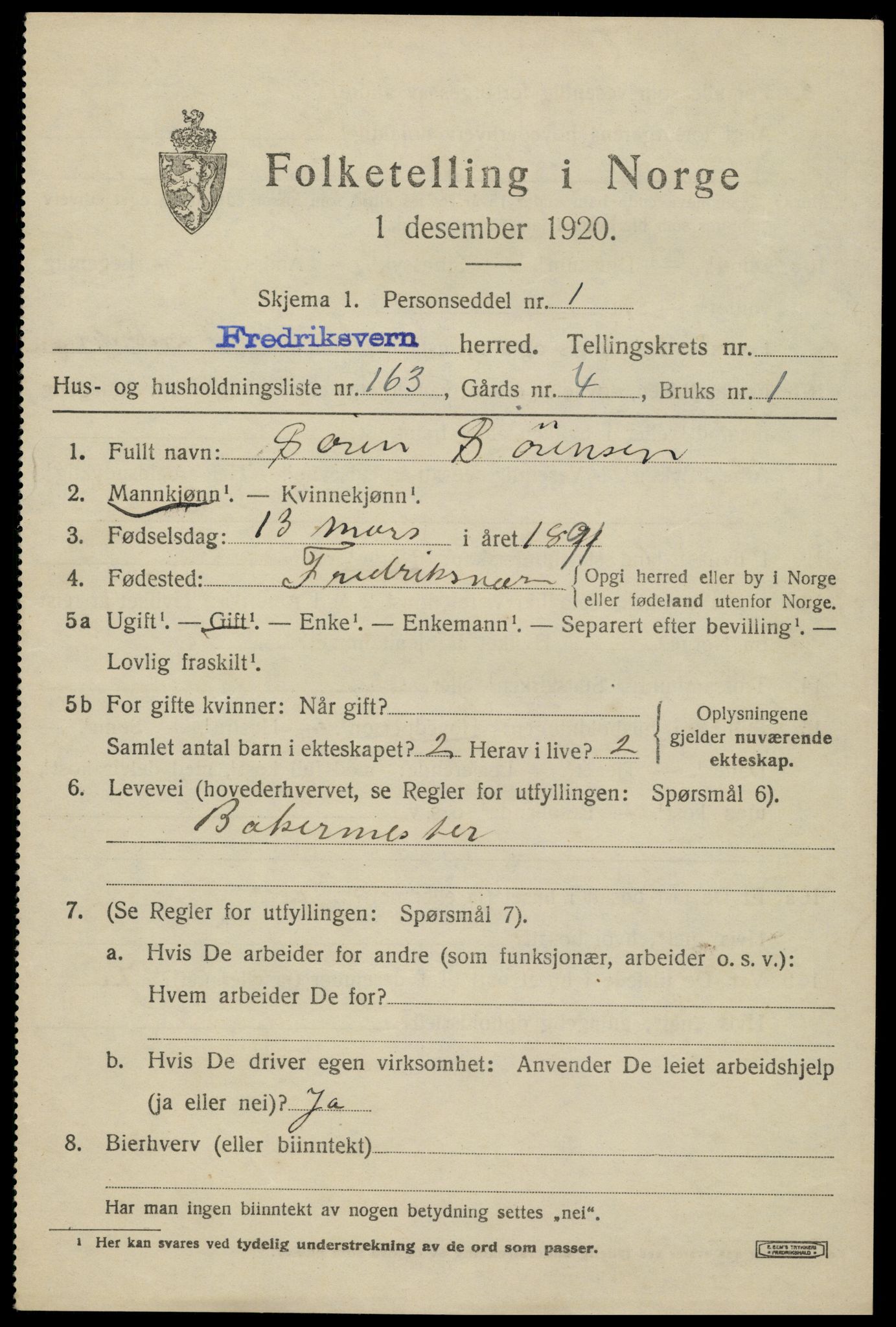 SAKO, 1920 census for Fredriksvern, 1920, p. 1483