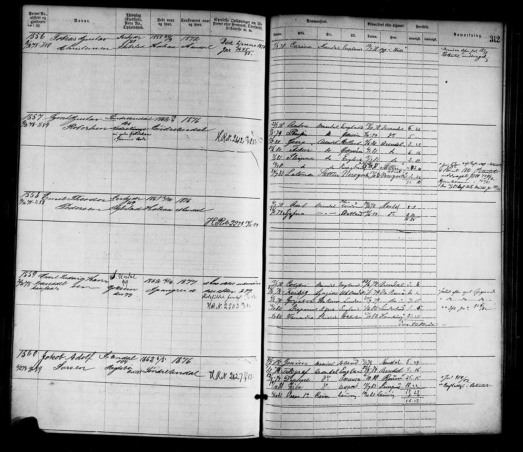 Mandal mønstringskrets, SAK/2031-0016/F/Fa/L0001: Annotasjonsrulle nr 1-1920 med register, L-3, 1869-1881, p. 350