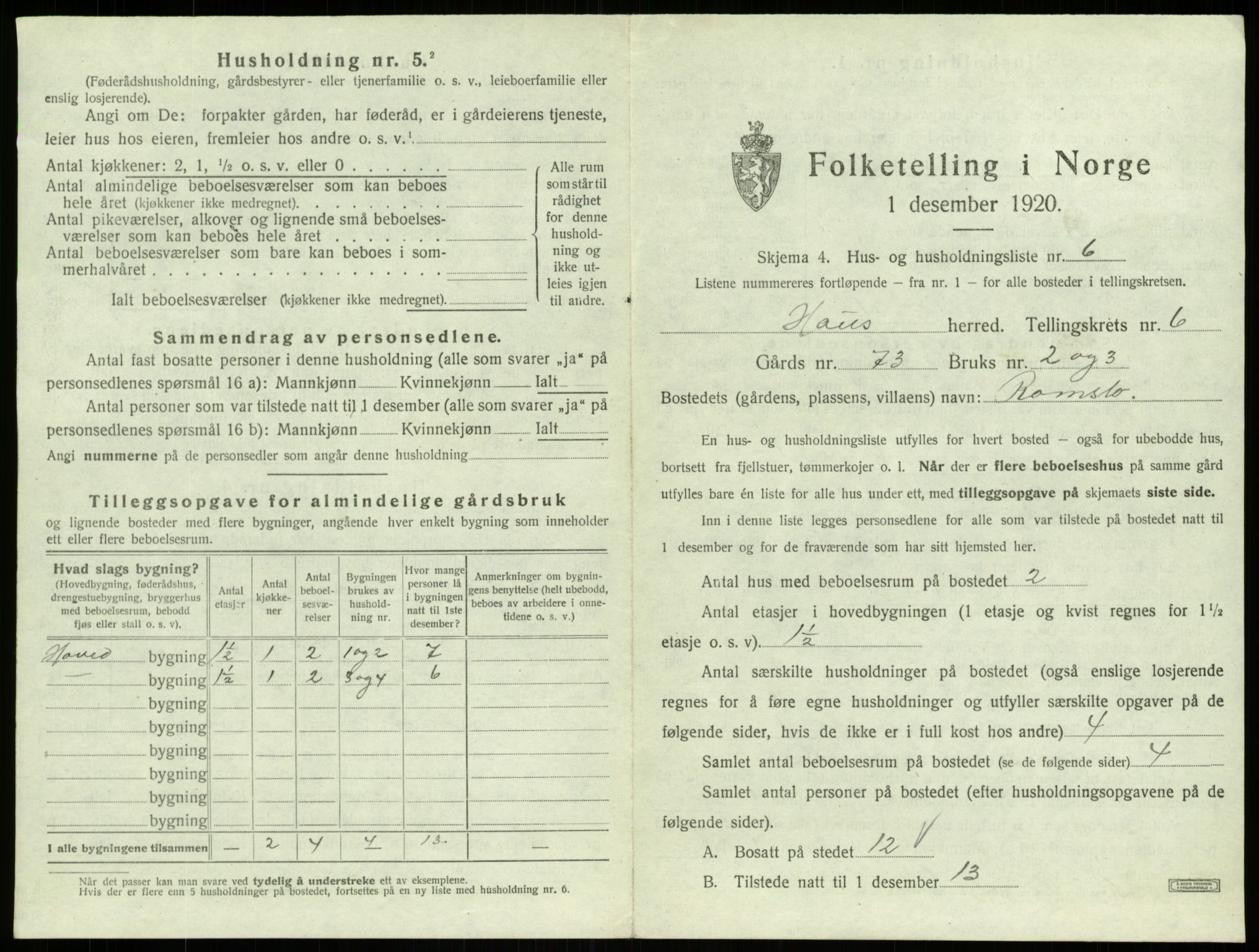 SAB, 1920 census for Haus, 1920, p. 394