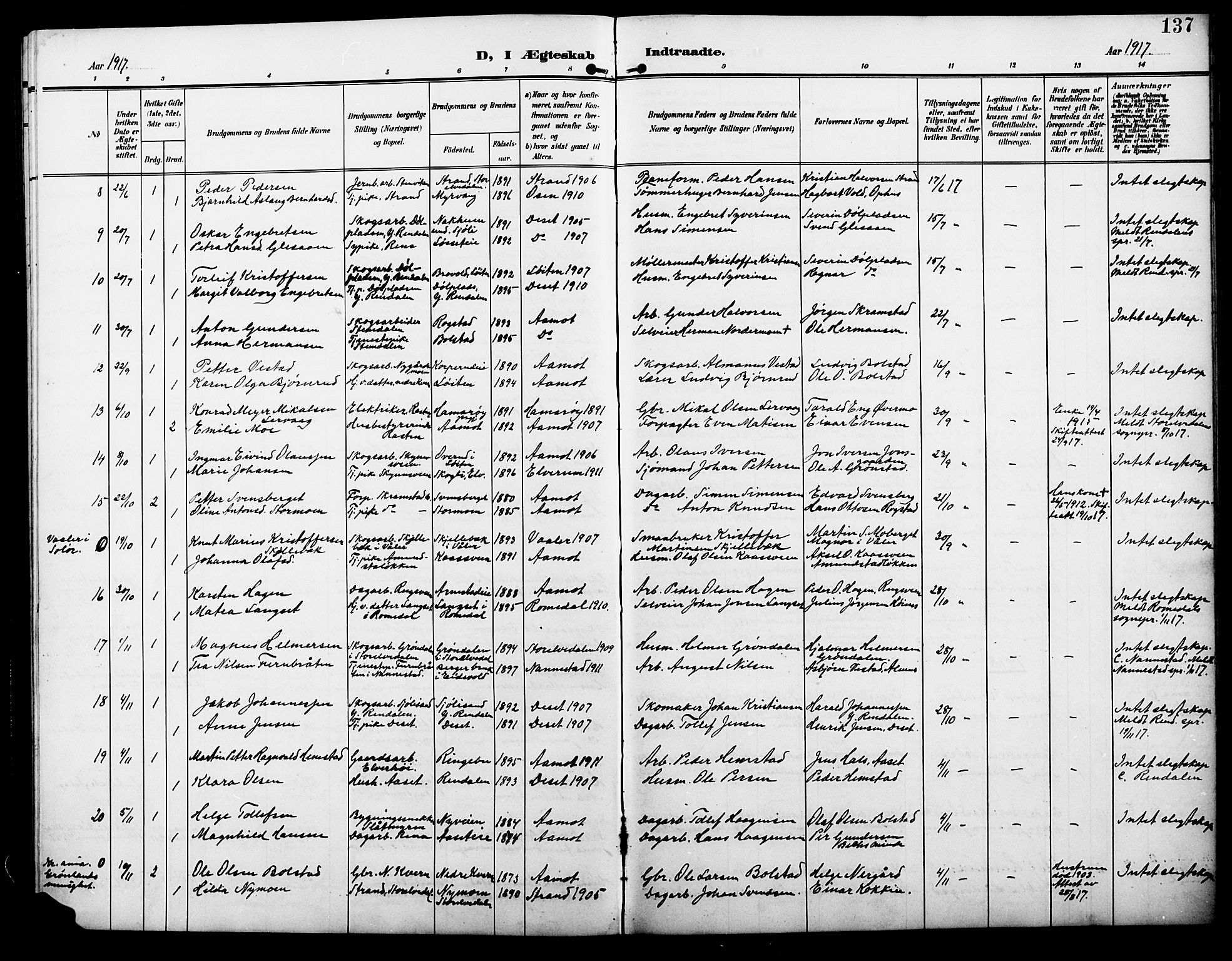 Åmot prestekontor, Hedmark, AV/SAH-PREST-056/H/Ha/Hab/L0004: Parish register (copy) no. 4, 1905-1920, p. 137