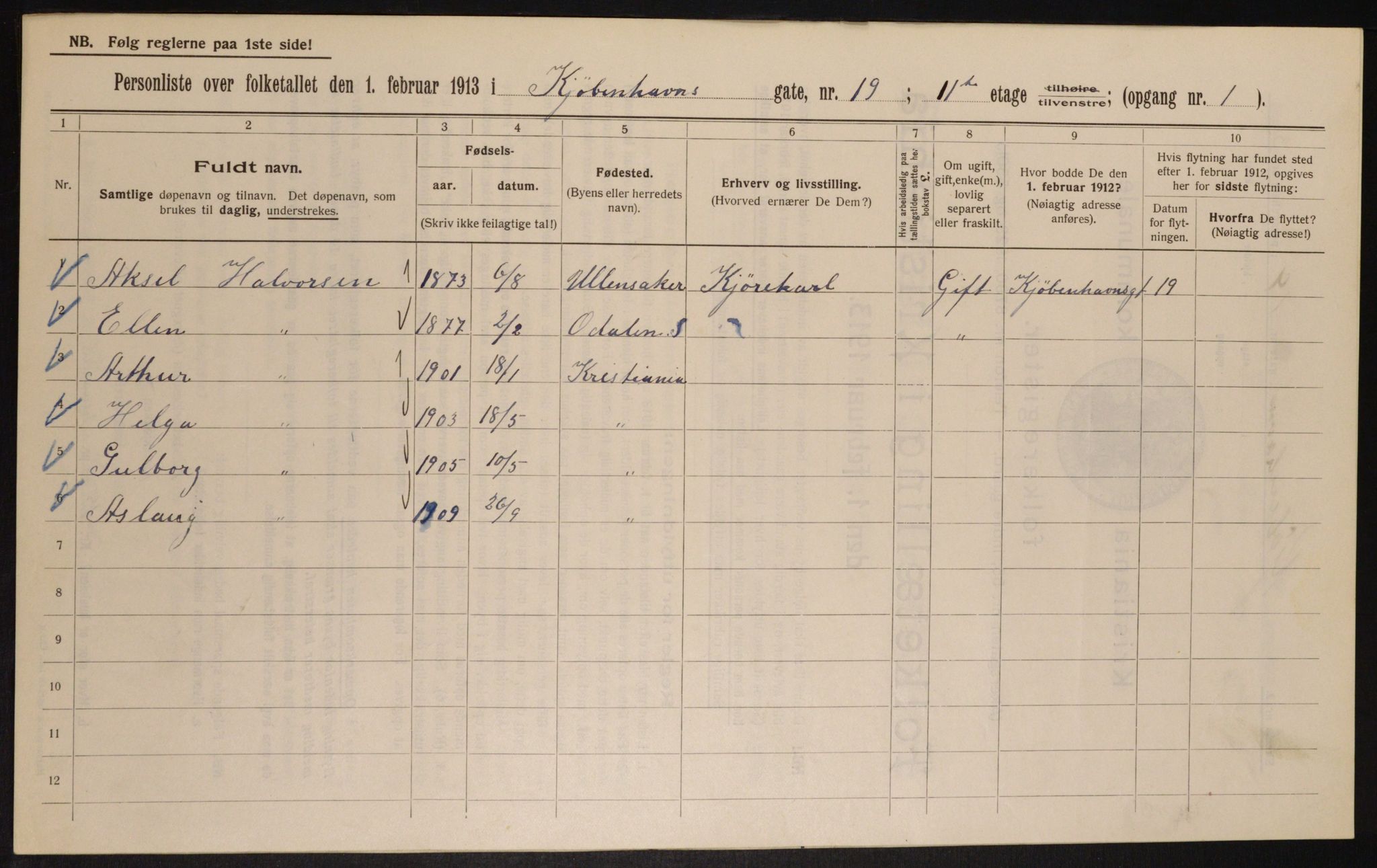 OBA, Municipal Census 1913 for Kristiania, 1913, p. 55007