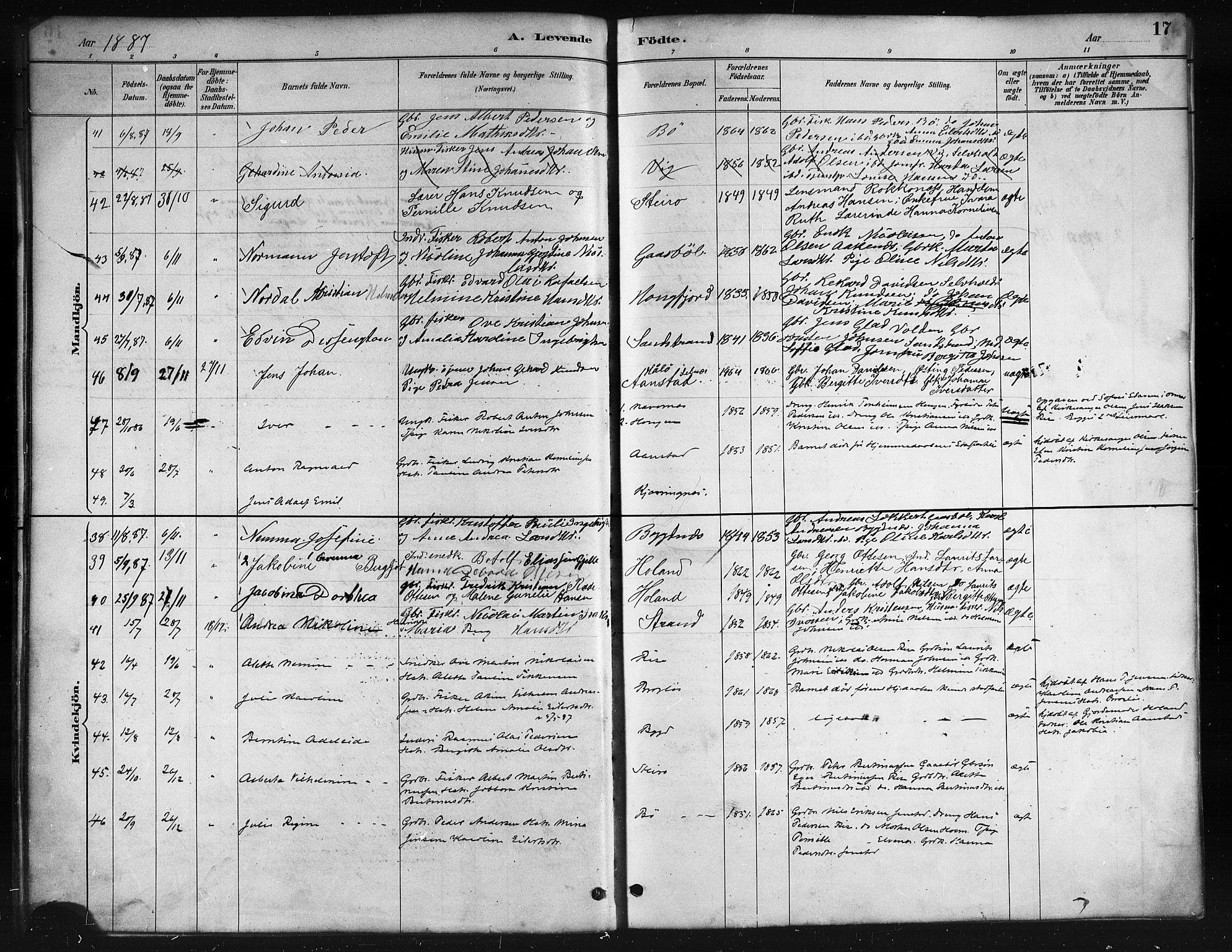 Ministerialprotokoller, klokkerbøker og fødselsregistre - Nordland, AV/SAT-A-1459/895/L1382: Parish register (copy) no. 895C04, 1885-1896, p. 17