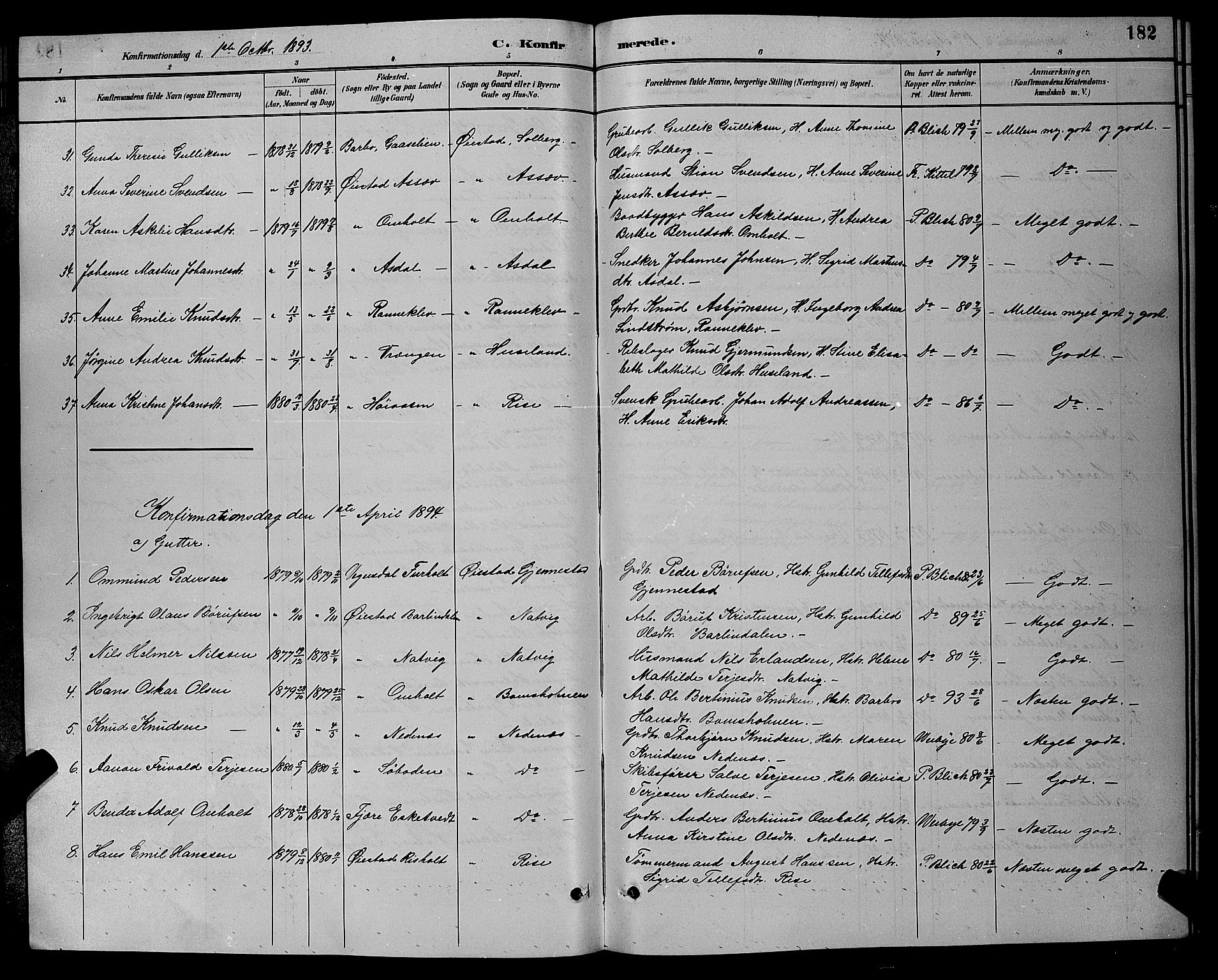 Øyestad sokneprestkontor, AV/SAK-1111-0049/F/Fb/L0009: Parish register (copy) no. B 9, 1886-1896, p. 182