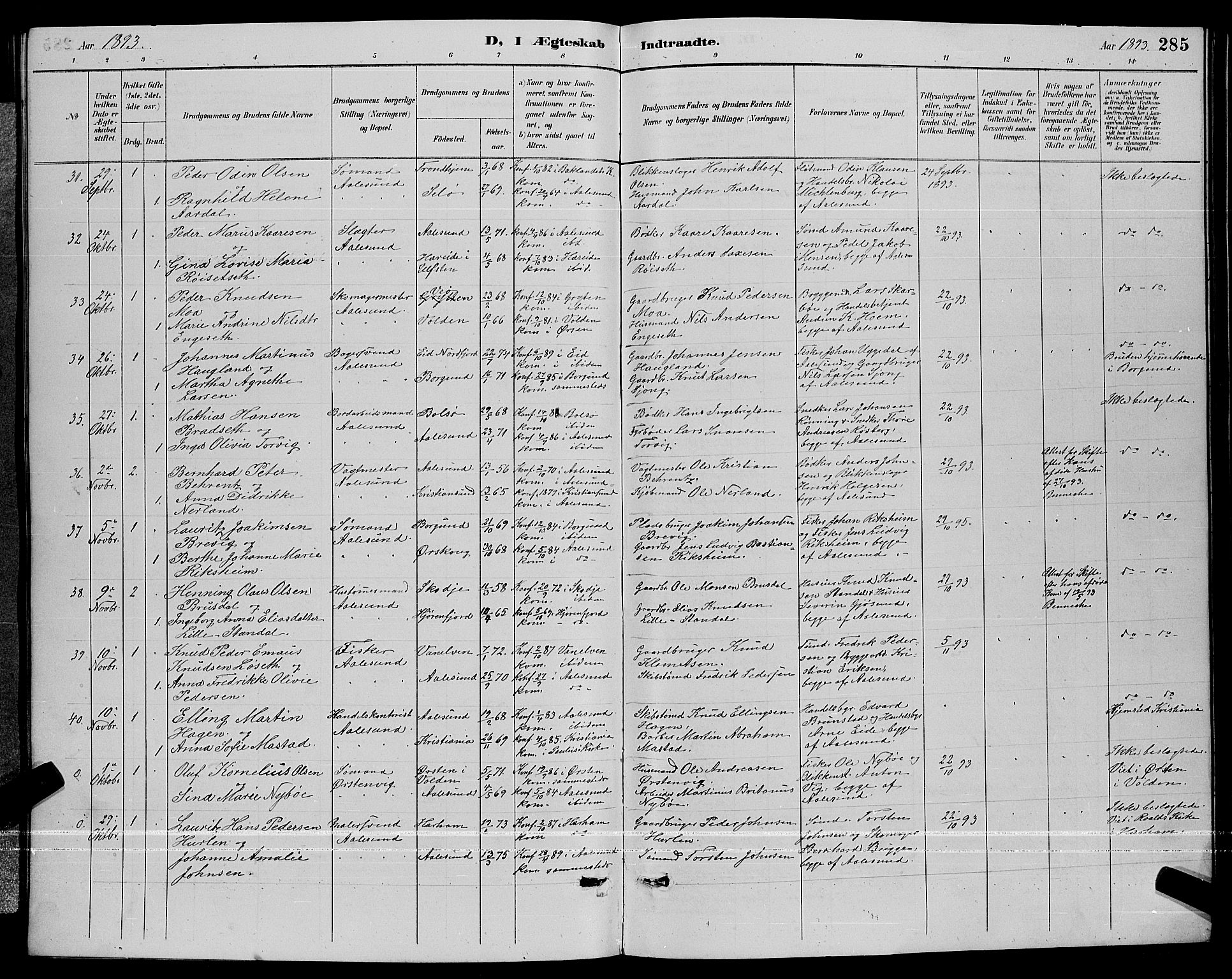 Ministerialprotokoller, klokkerbøker og fødselsregistre - Møre og Romsdal, AV/SAT-A-1454/529/L0467: Parish register (copy) no. 529C04, 1889-1897, p. 285