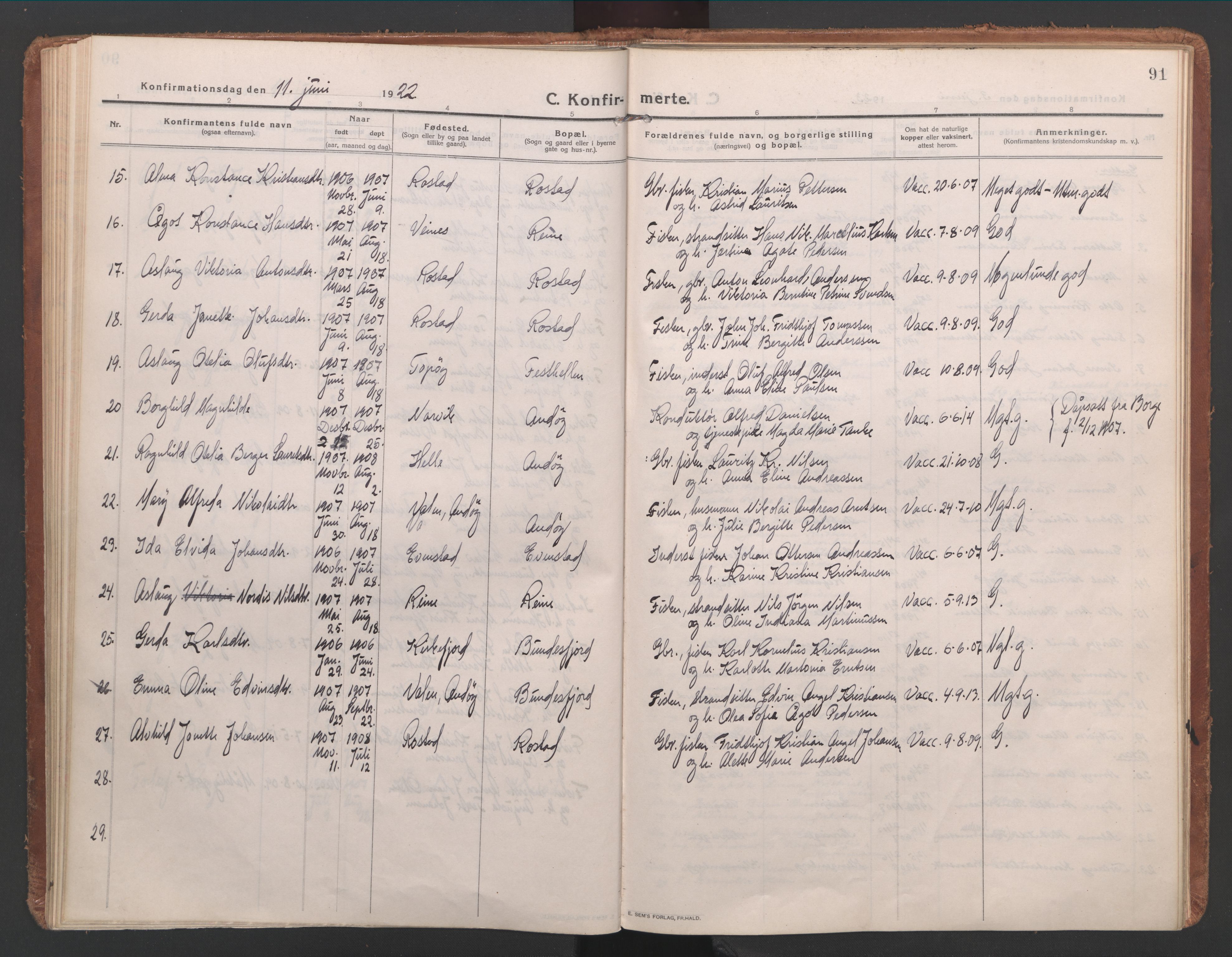 Ministerialprotokoller, klokkerbøker og fødselsregistre - Nordland, AV/SAT-A-1459/886/L1222: Parish register (official) no. 886A04, 1914-1926, p. 91