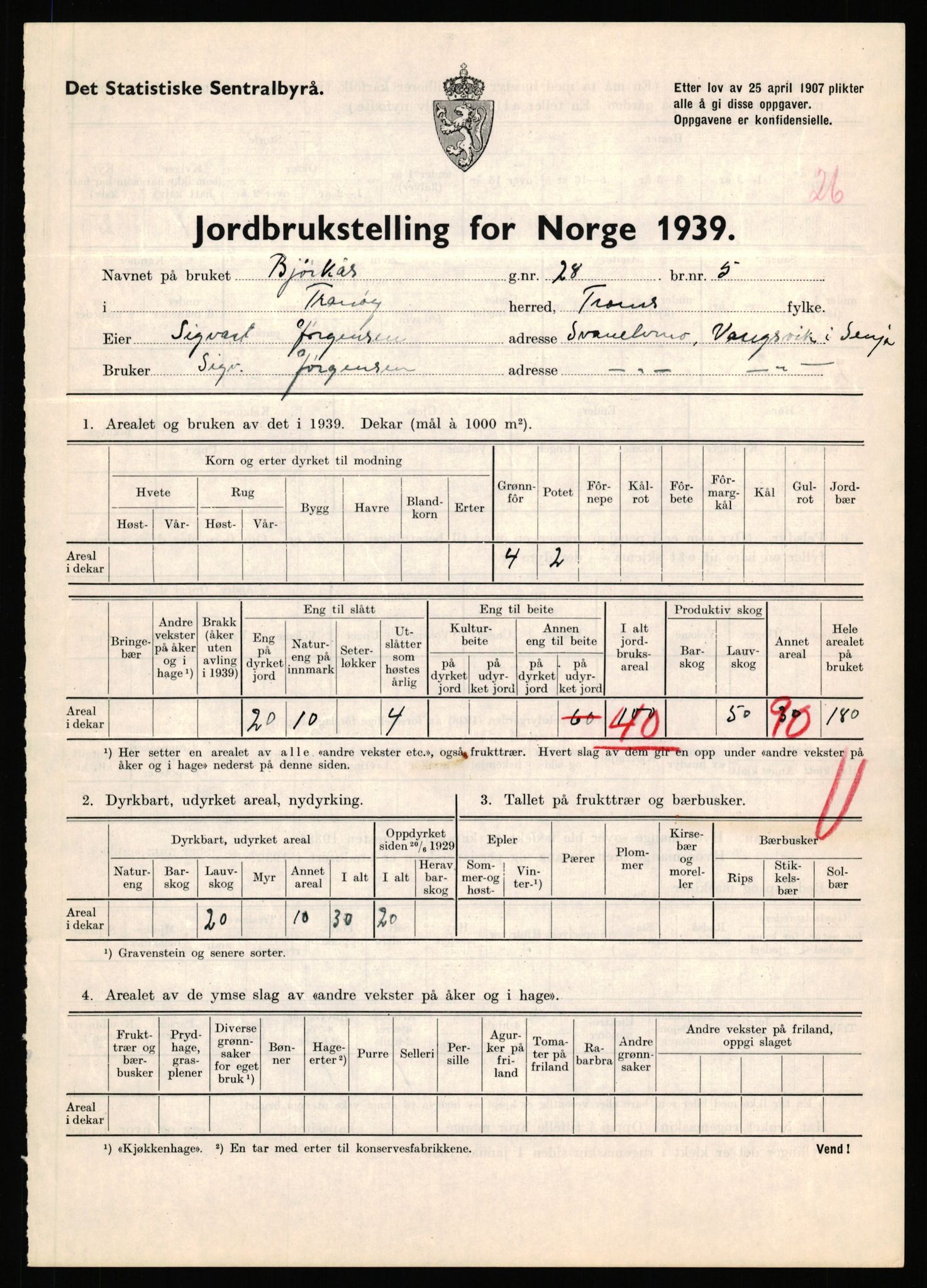 Statistisk sentralbyrå, Næringsøkonomiske emner, Jordbruk, skogbruk, jakt, fiske og fangst, AV/RA-S-2234/G/Gb/L0341: Troms: Sørreisa og Tranøy, 1939, p. 1403