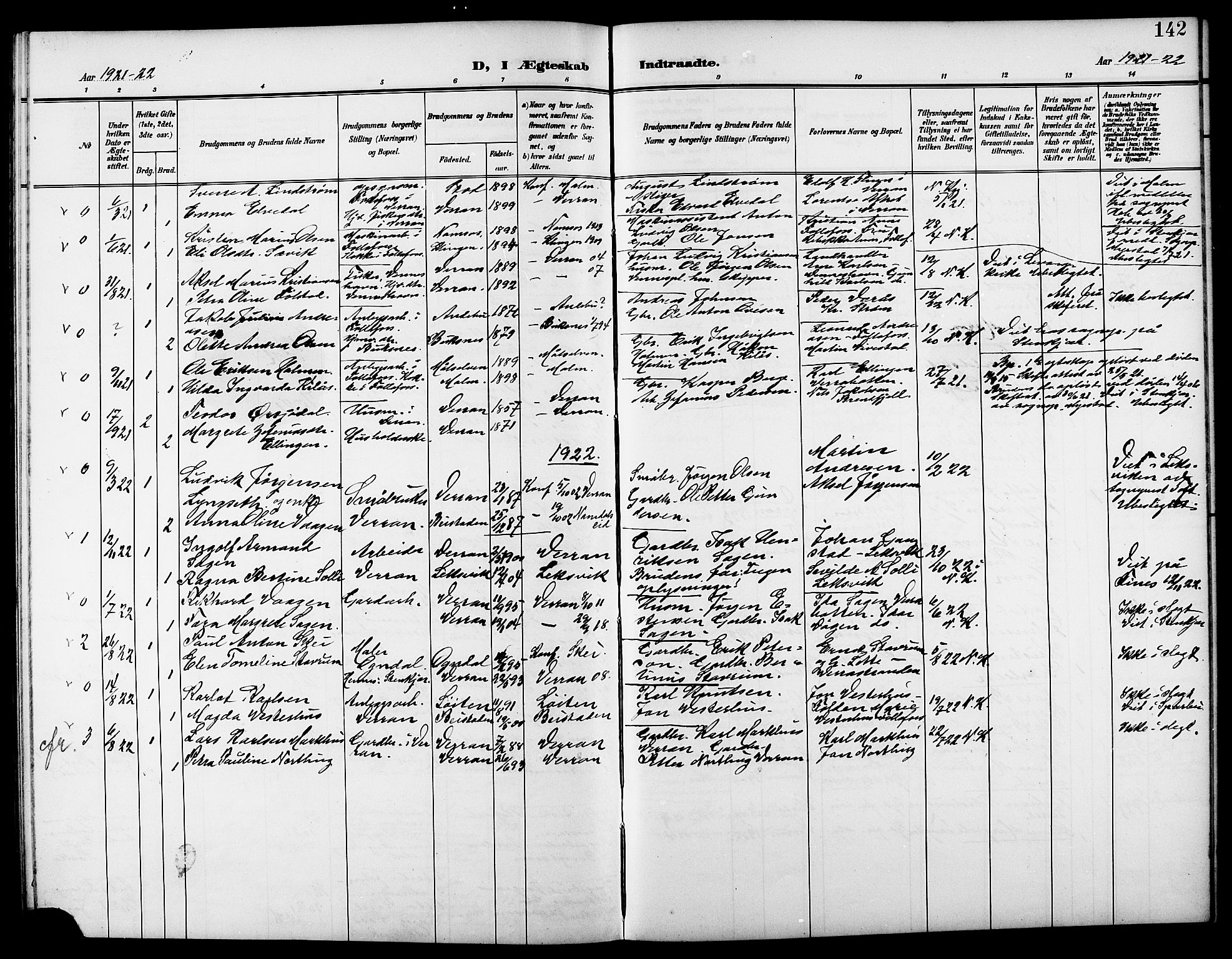 Ministerialprotokoller, klokkerbøker og fødselsregistre - Nord-Trøndelag, SAT/A-1458/744/L0424: Parish register (copy) no. 744C03, 1906-1923, p. 142