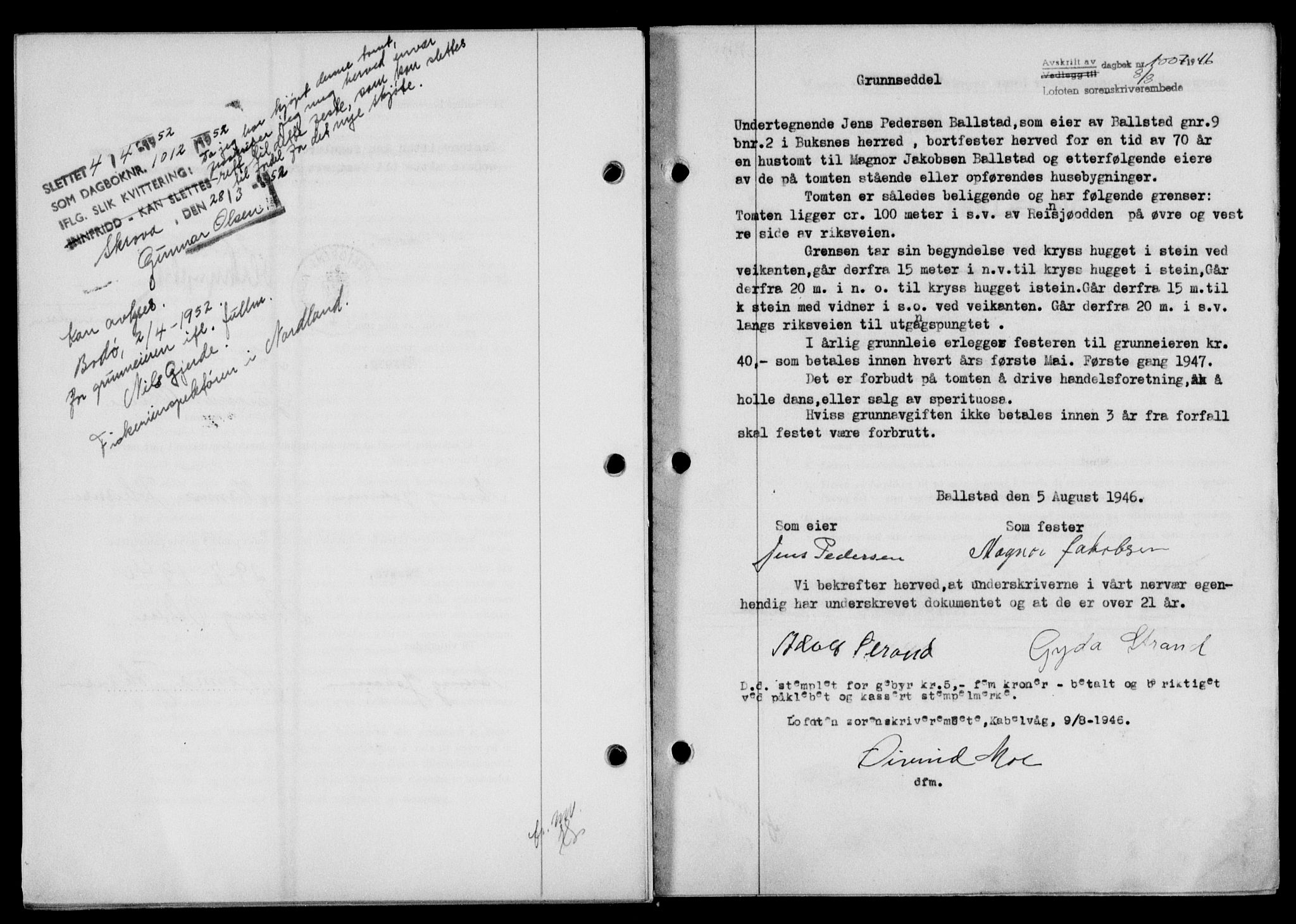 Lofoten sorenskriveri, SAT/A-0017/1/2/2C/L0014a: Mortgage book no. 14a, 1946-1946, Diary no: : 1007/1946