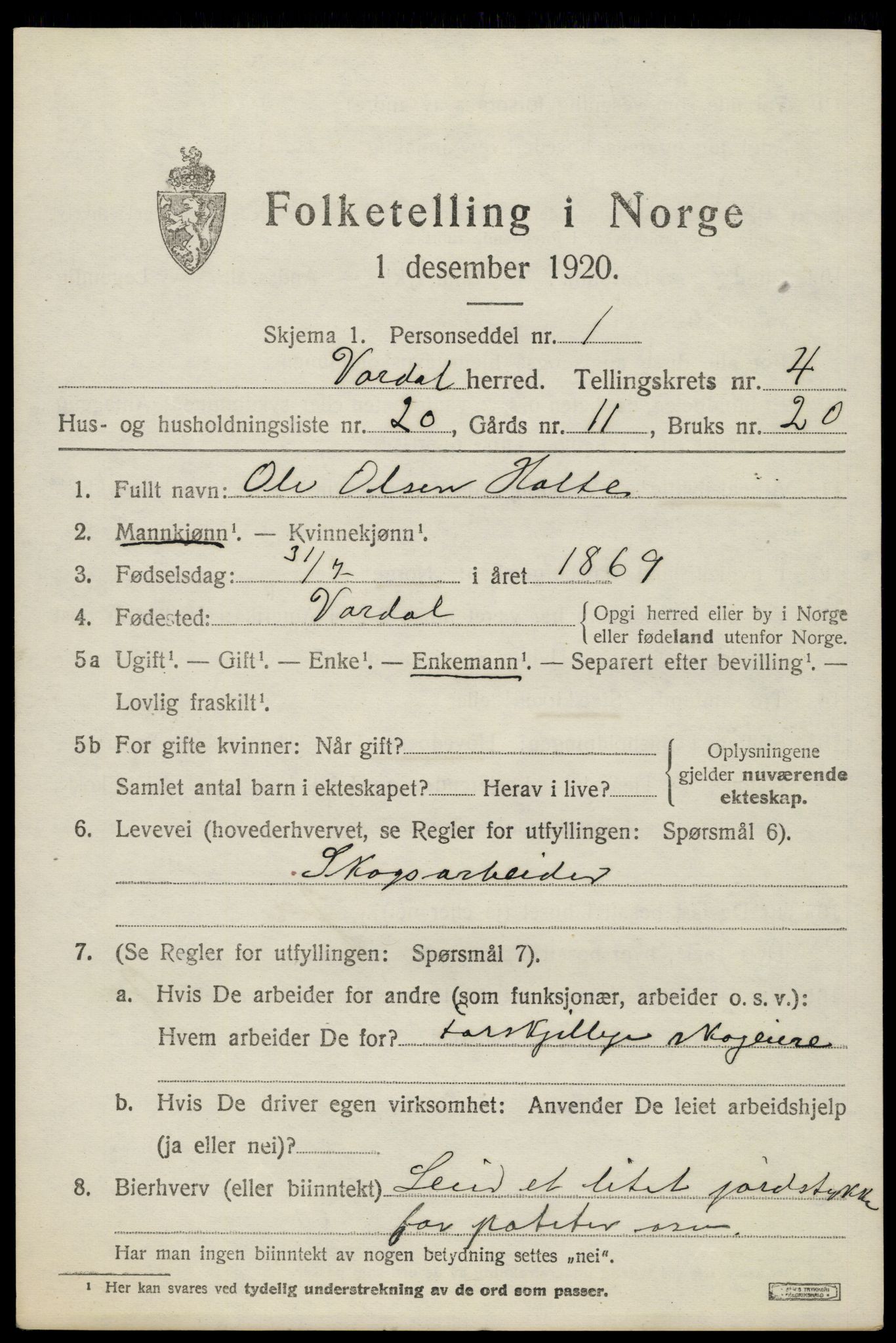 SAH, 1920 census for Vardal, 1920, p. 3053