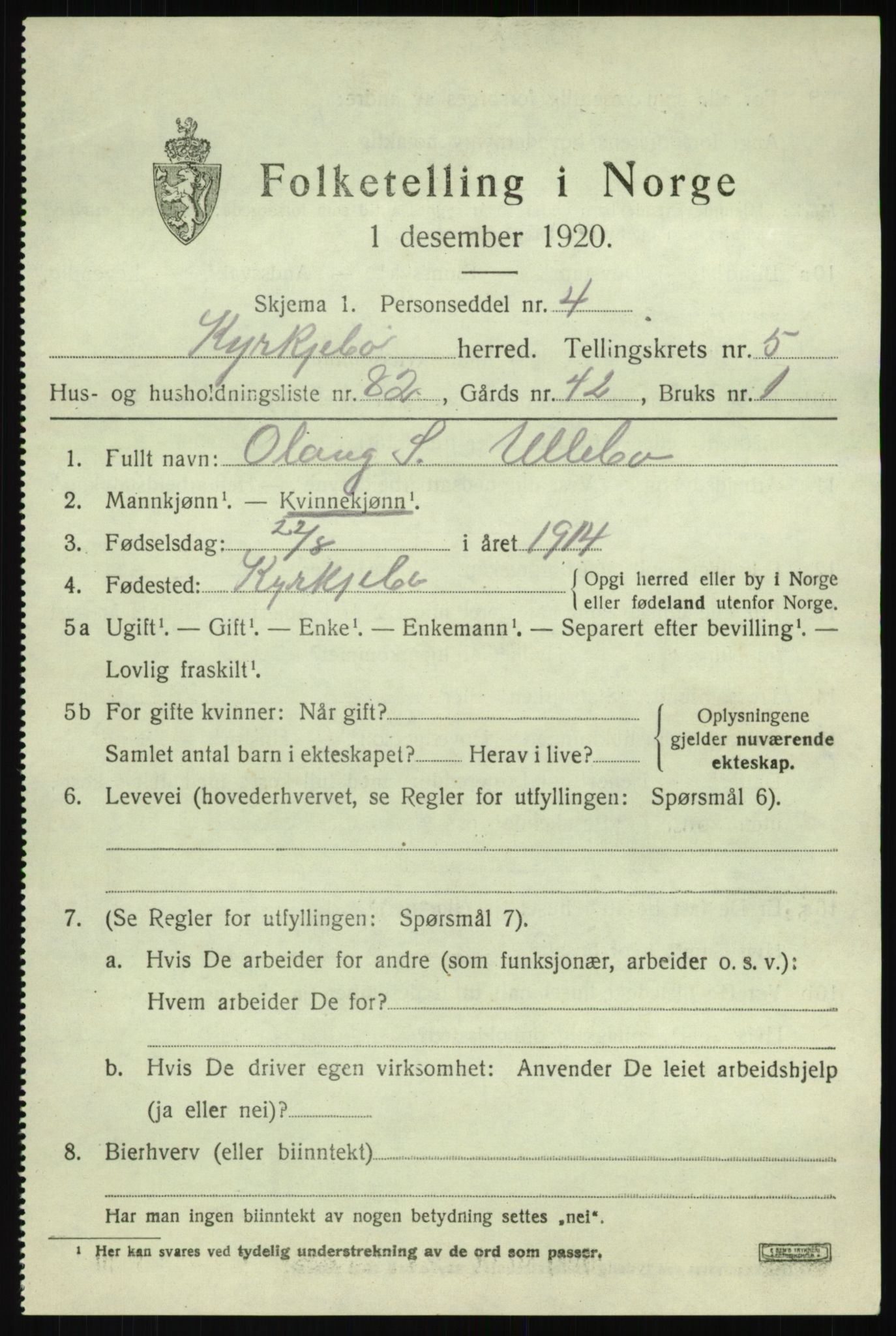 SAB, 1920 census for Kyrkjebø, 1920, p. 2905