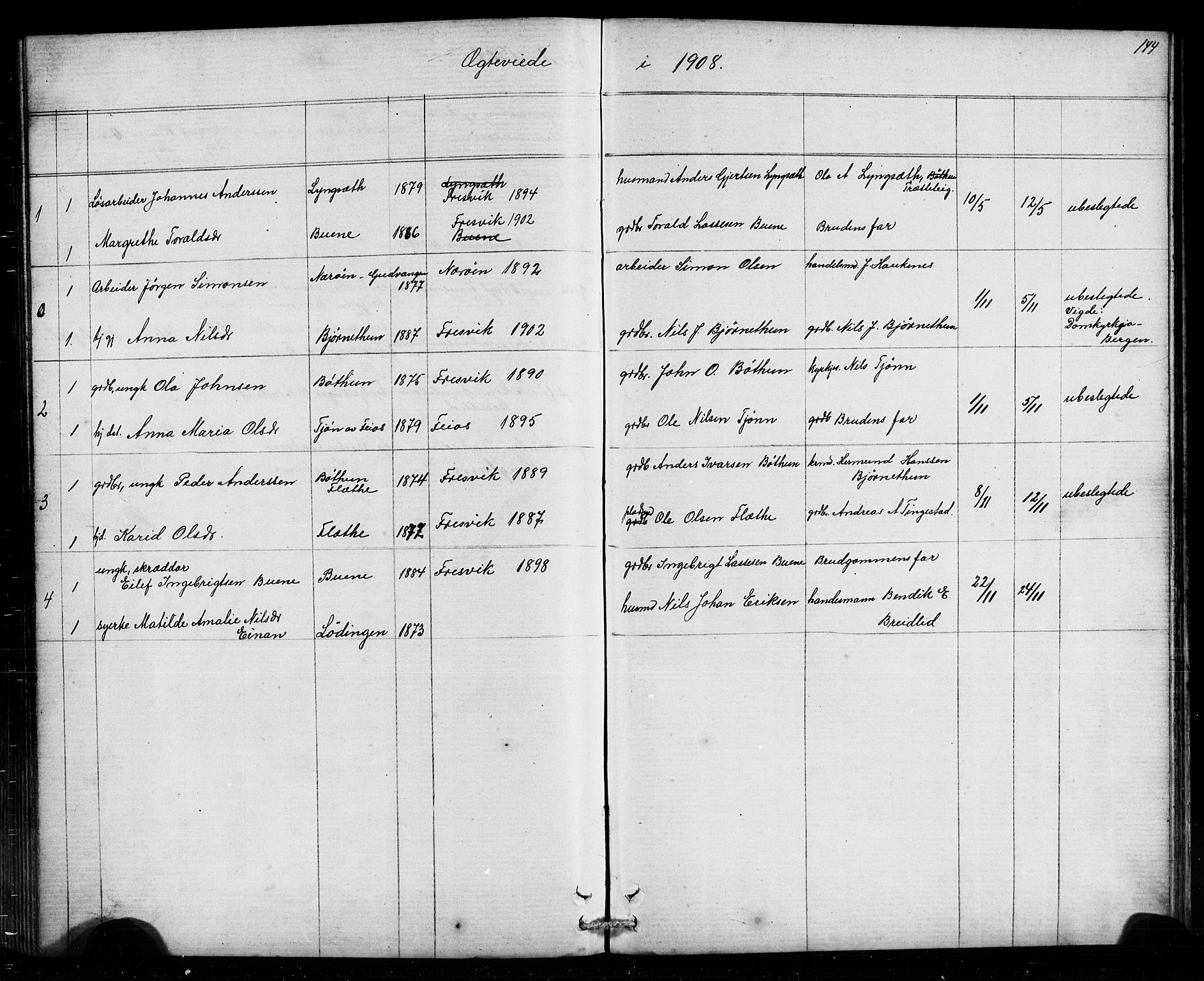 Leikanger sokneprestembete, AV/SAB-A-81001/H/Hab/Habb/L0001: Parish register (copy) no. B 1, 1873-1908, p. 144