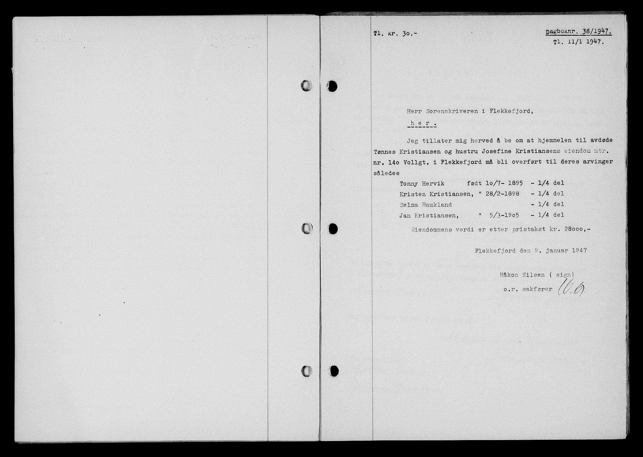 Flekkefjord sorenskriveri, SAK/1221-0001/G/Gb/Gba/L0061: Mortgage book no. A-9, 1946-1947, Diary no: : 38/1947