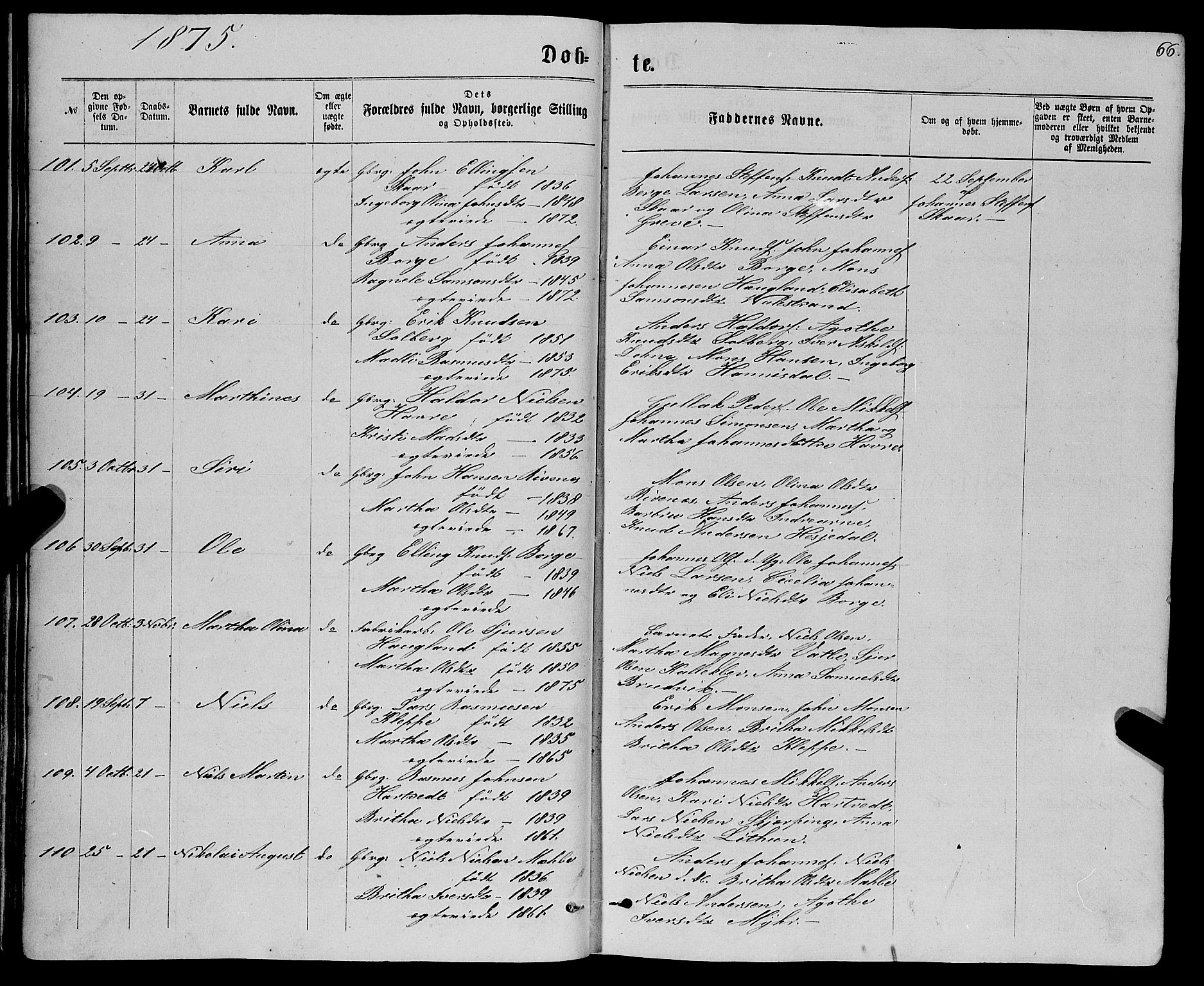 Haus sokneprestembete, SAB/A-75601/H/Haa: Parish register (official) no. A 18, 1871-1877, p. 66