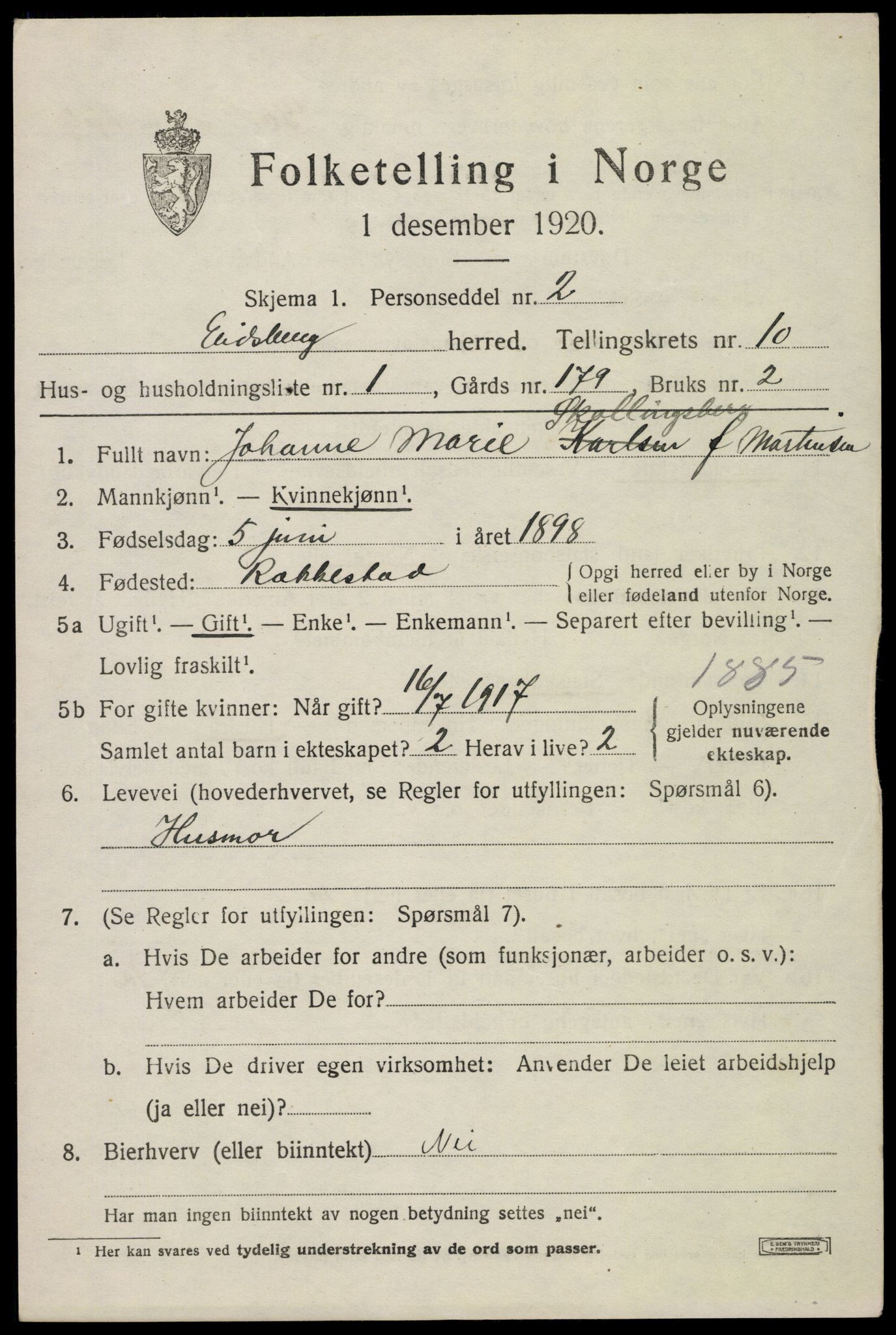 SAO, 1920 census for Eidsberg, 1920, p. 11939