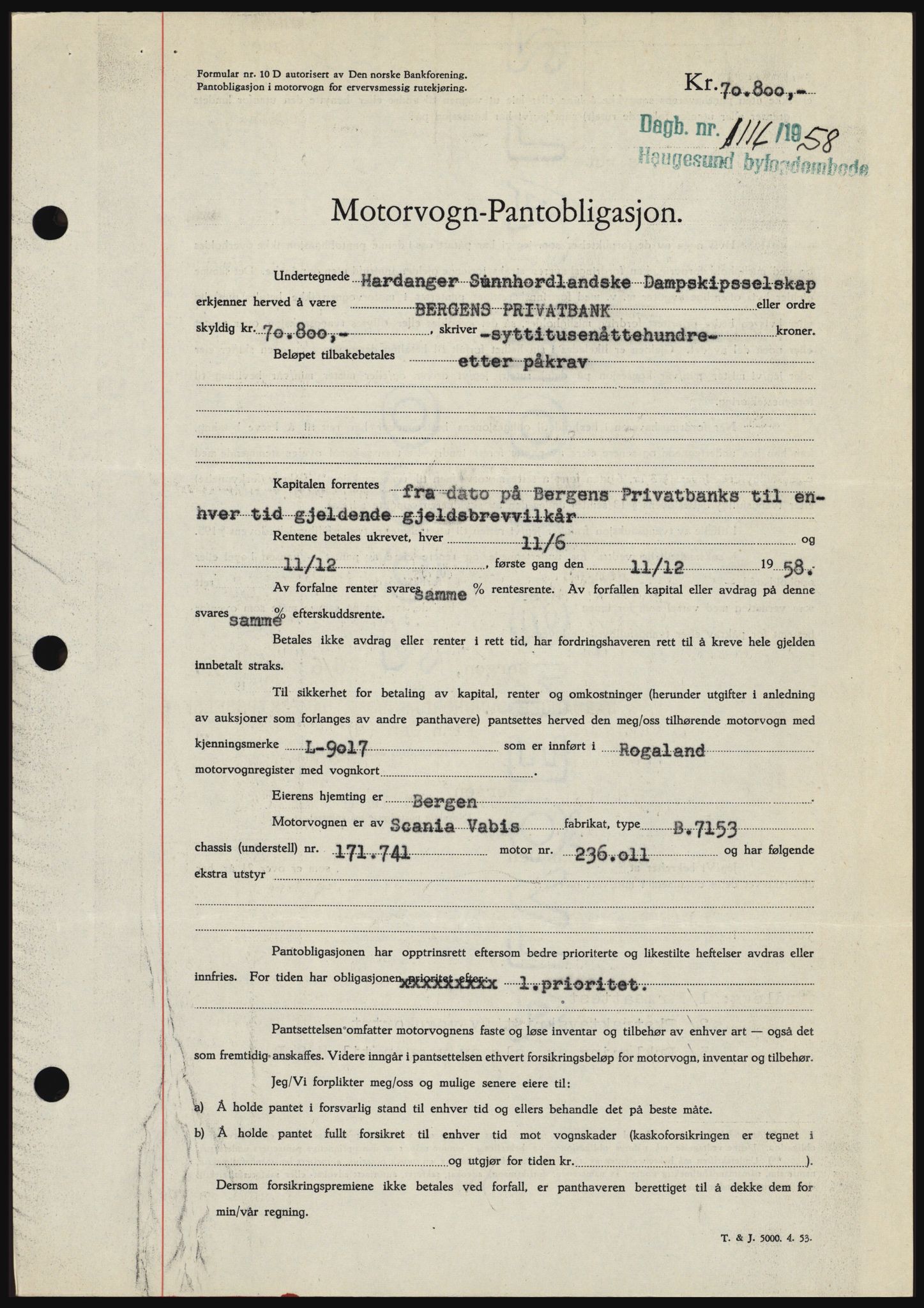 Haugesund tingrett, SAST/A-101415/01/II/IIC/L0044: Mortgage book no. B 44, 1958-1959, Diary no: : 1116/1958