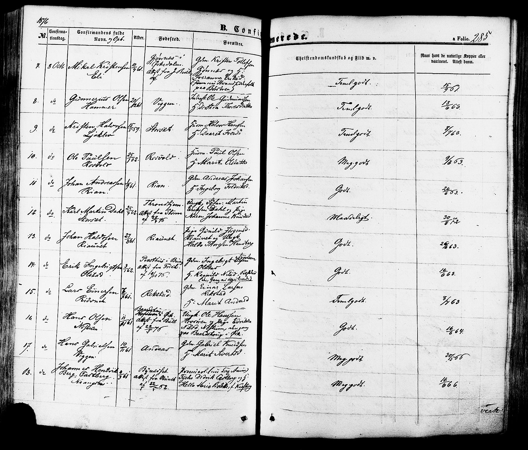 Ministerialprotokoller, klokkerbøker og fødselsregistre - Sør-Trøndelag, SAT/A-1456/665/L0772: Parish register (official) no. 665A07, 1856-1878, p. 285